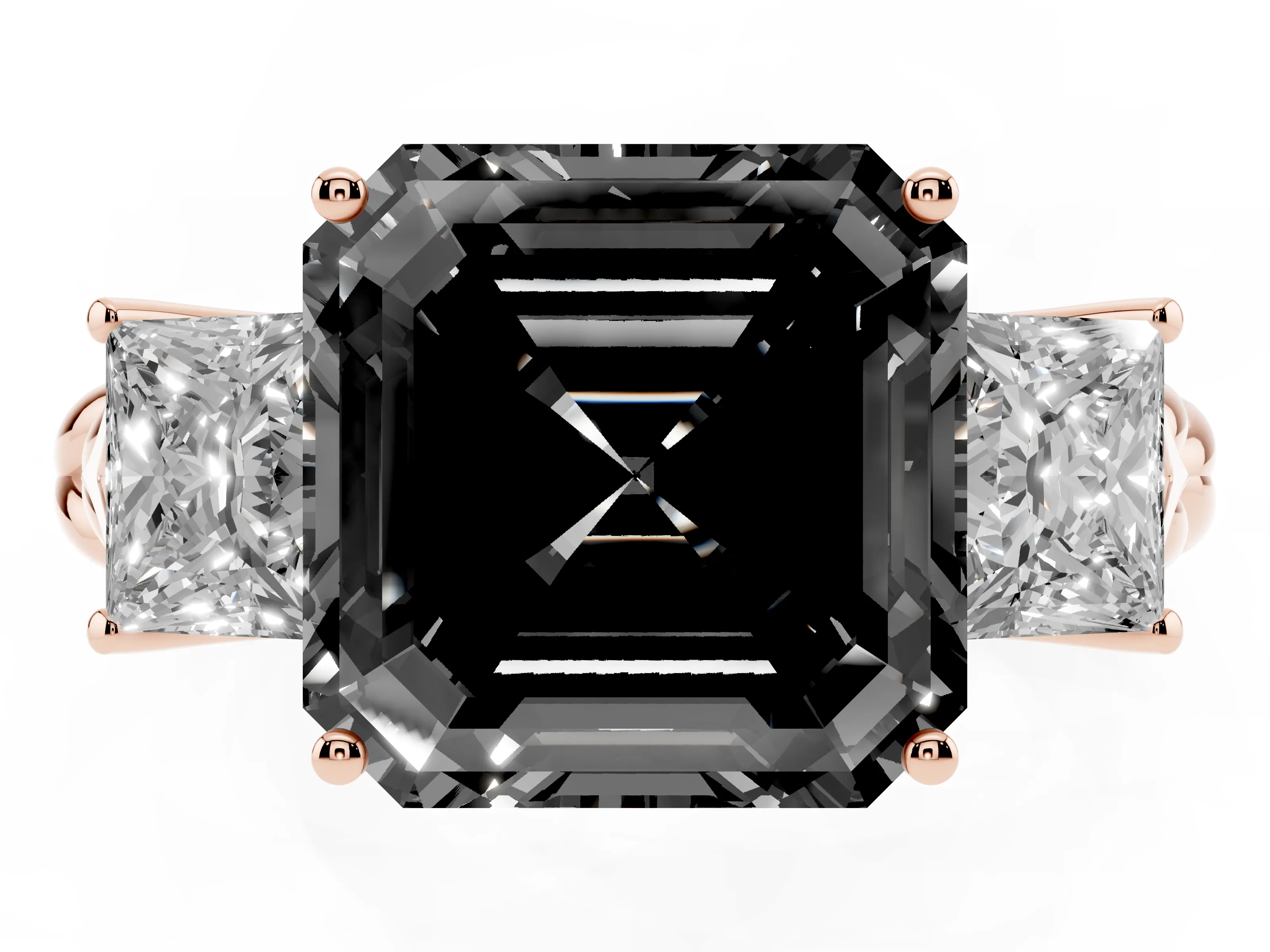 Fancy Black Asscher Cut Diamond Three-Stone Ring Set in Rose gold with Braided Band