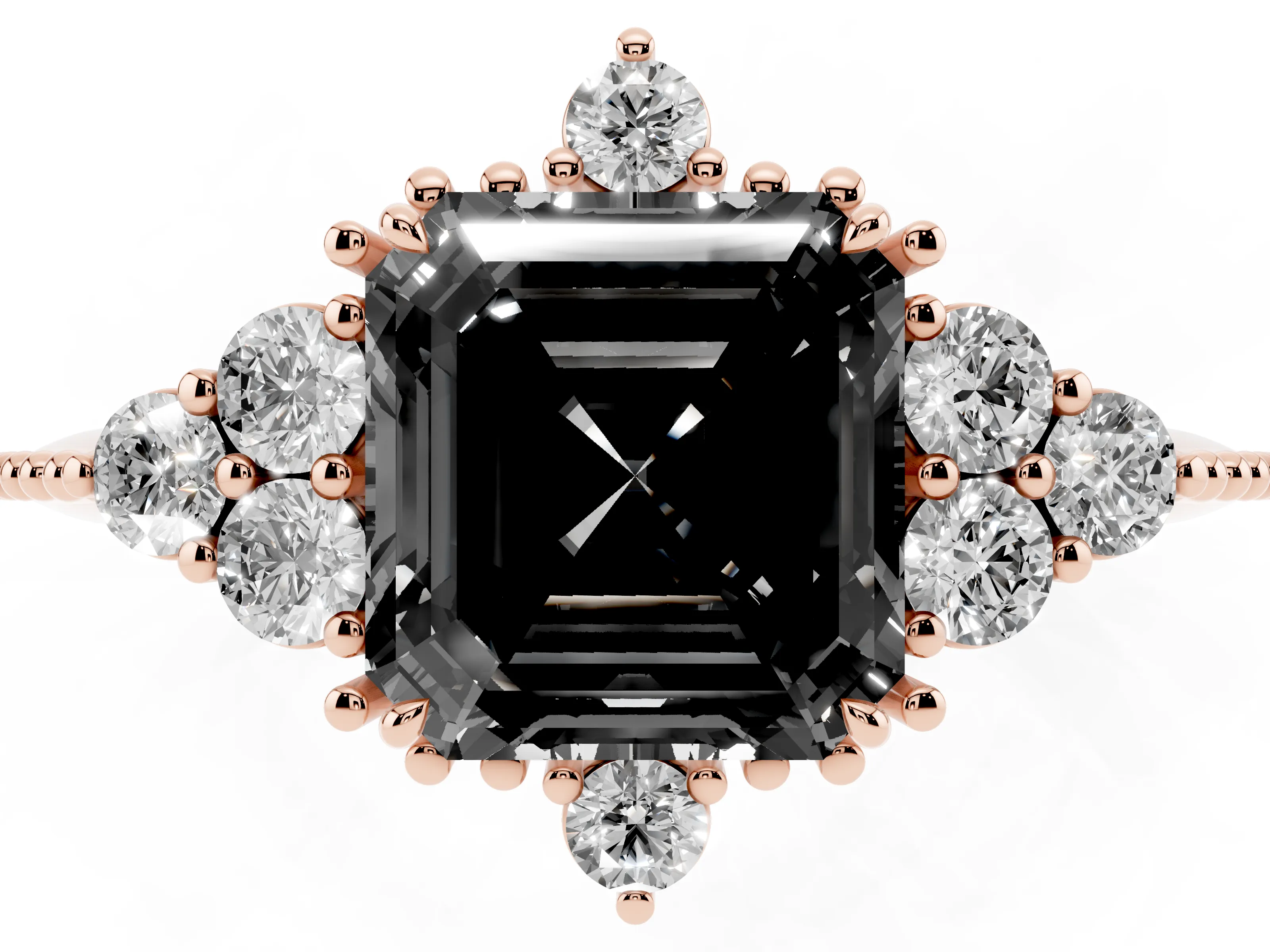 Fancy Black Asscher Cut Diamond Cluster Ring Set in Rose gold with Beaded Band