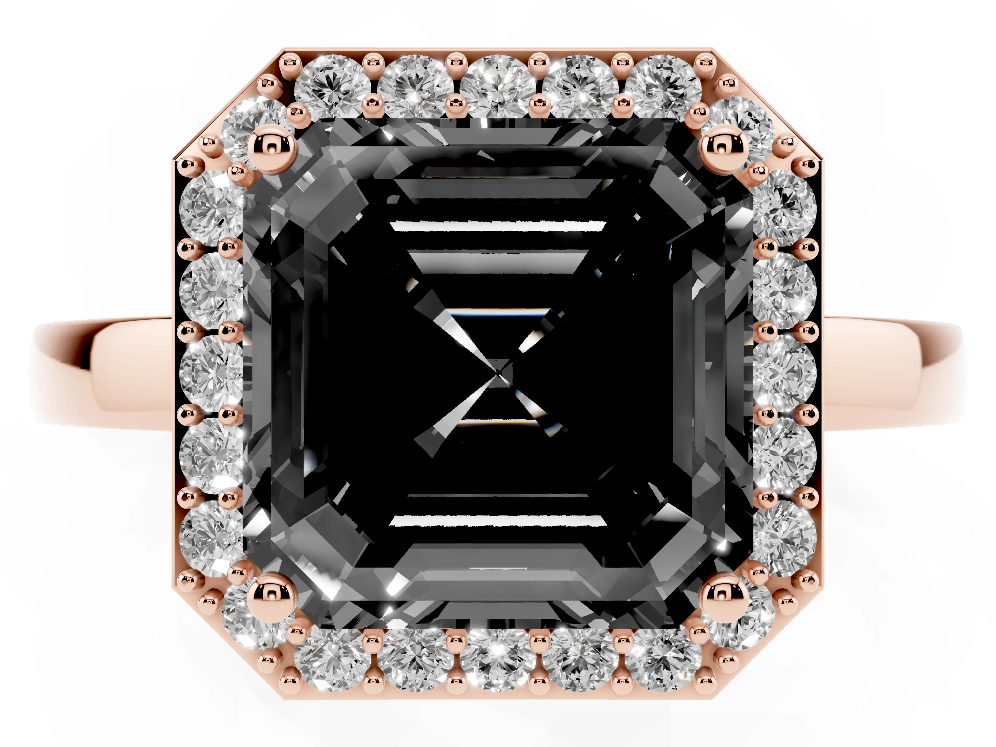Fancy Black Asscher Cut Diamond Halo Ring Set in Rose gold with Solitaire Band and Prong Setting