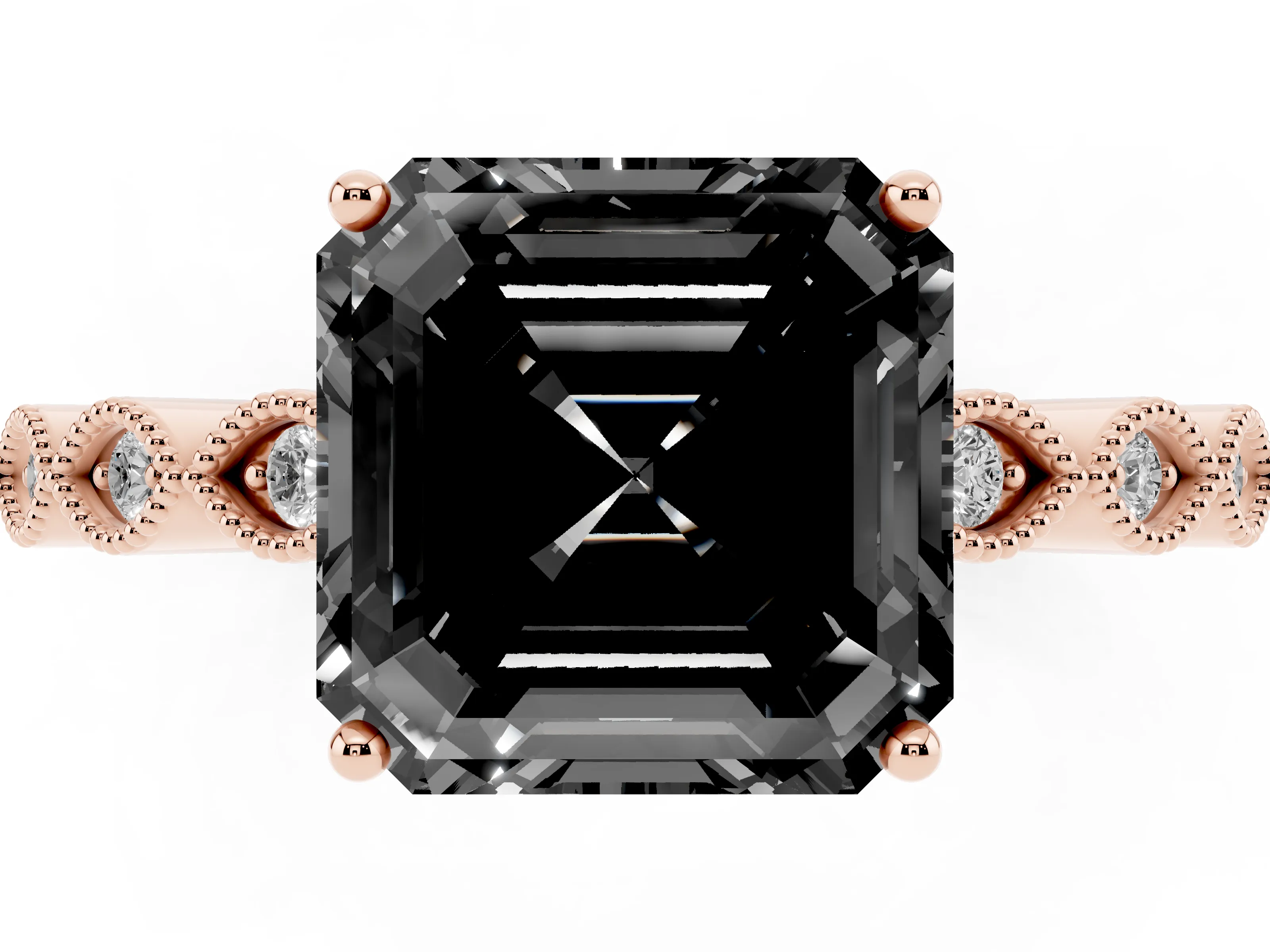 Fancy Black Asscher Cut Diamond Solitaire Ring Set in Rose gold with Infinity Twist Pavé Band