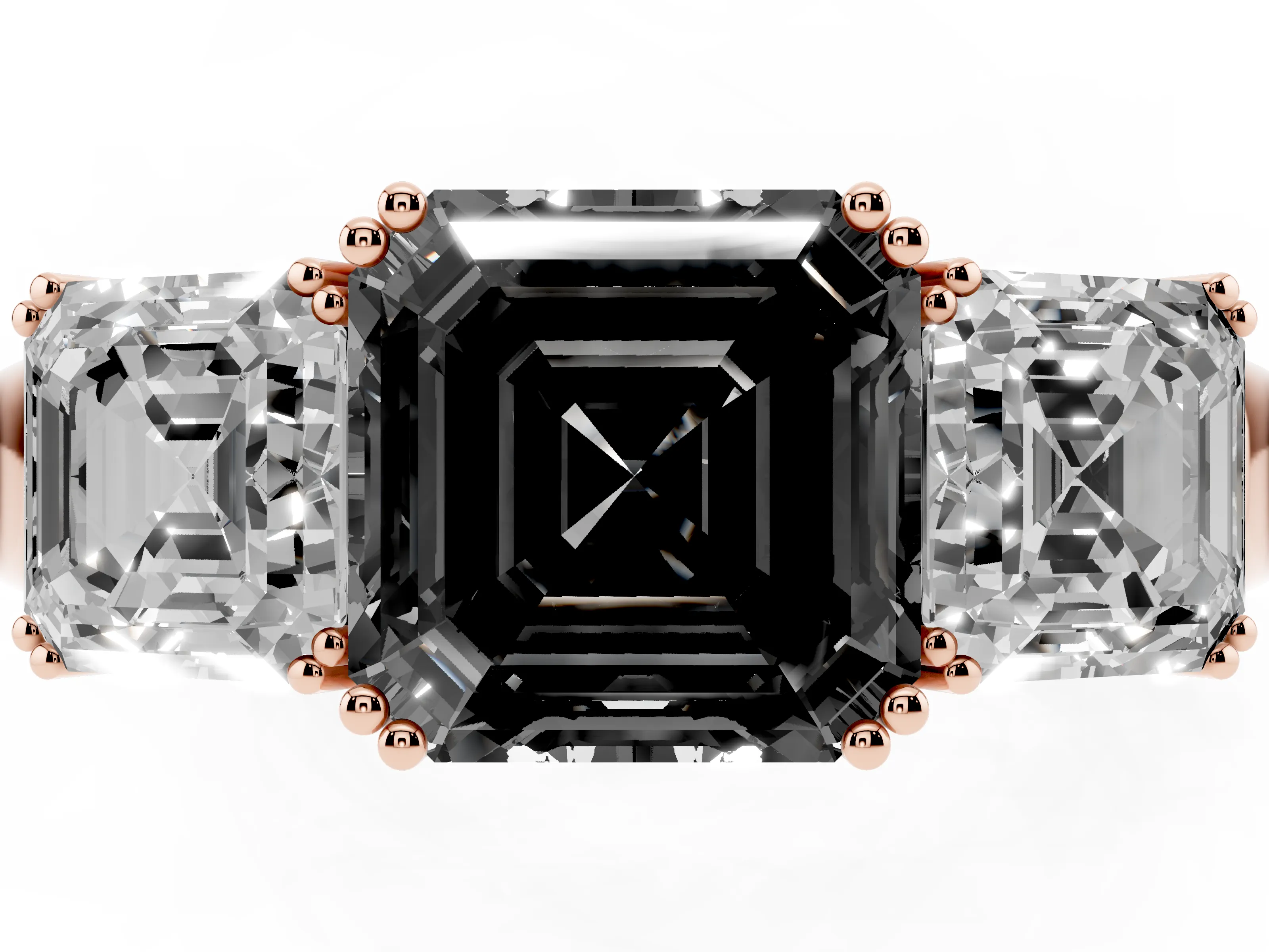 Fancy Black Asscher Cut Diamond Three-Stone Ring Set in Rose gold with Polished Band and Prong Setting