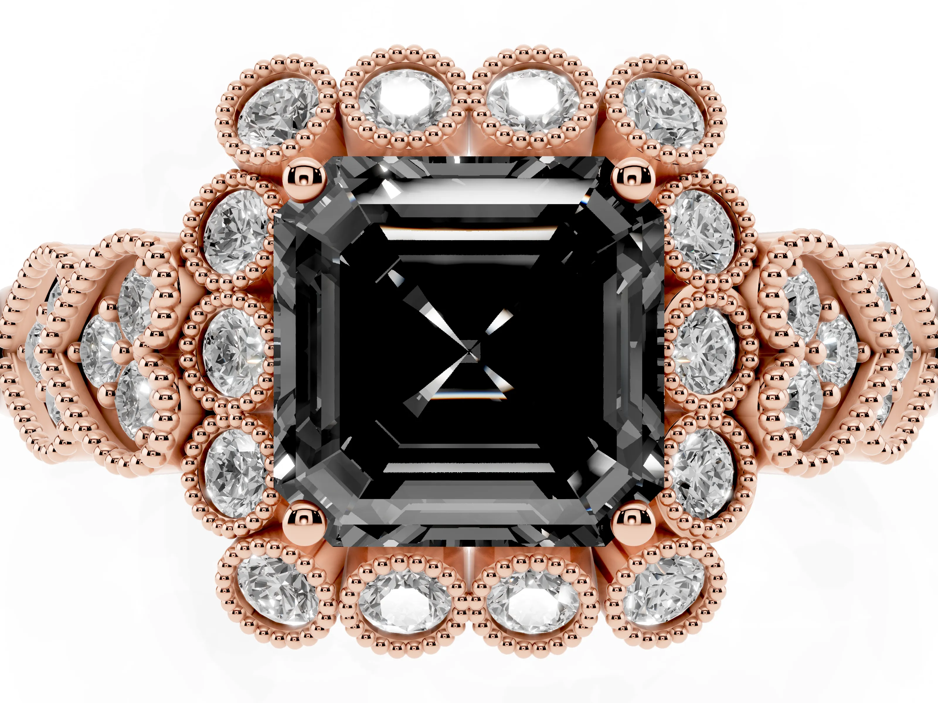 Fancy Black Asscher Cut Diamond Solitaire Ring Set in Rose gold with Milgrain Pavé Heart Band
