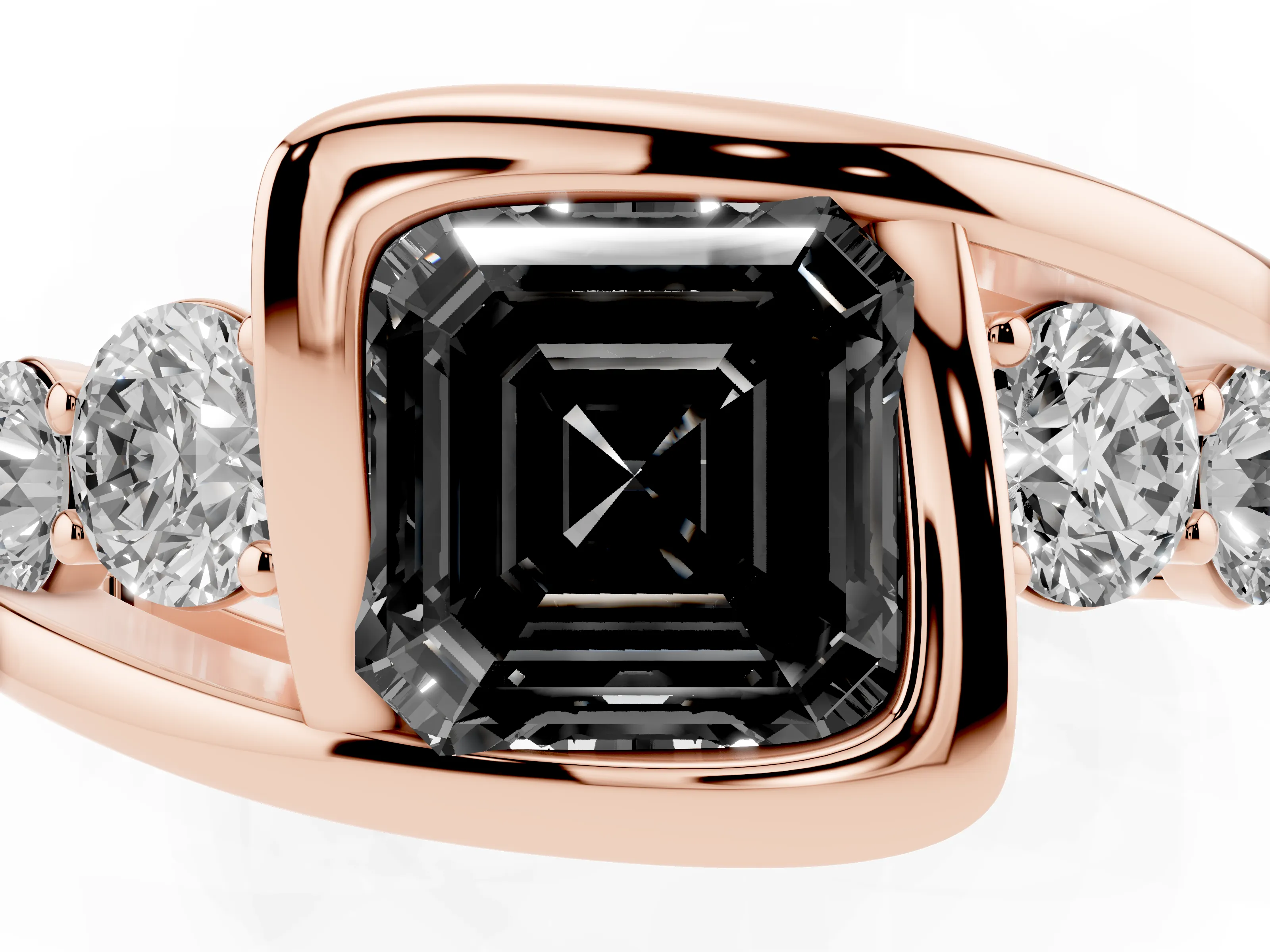 Fancy Black Asscher Cut Diamond Bezel Bypass Ring Set in Rose gold with Round Accents