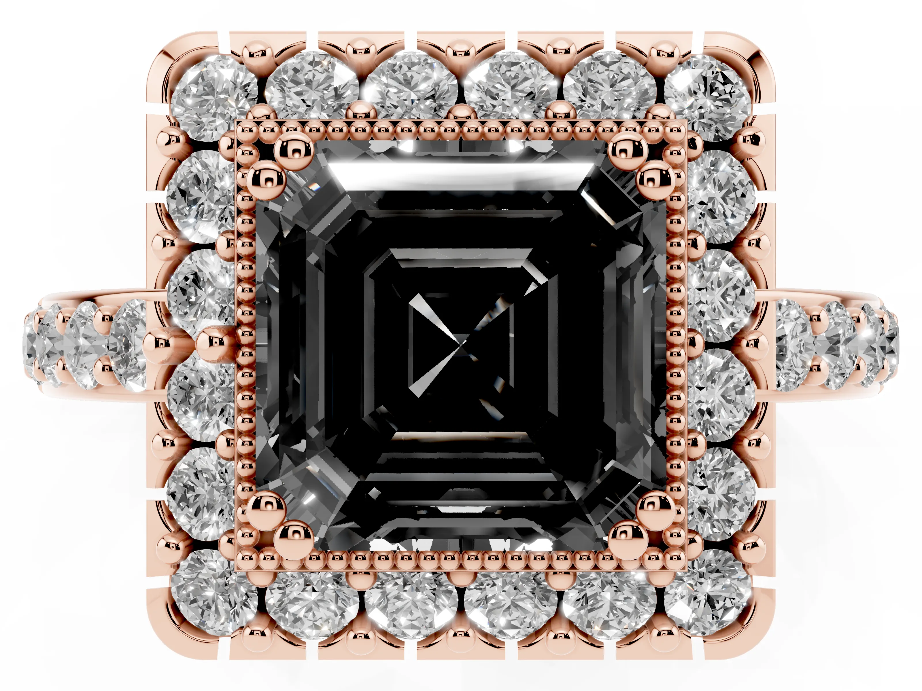 Fancy Black Asscher Cut Diamond Halo Ring Set in Rose gold with Pavé Shank and Prong Setting