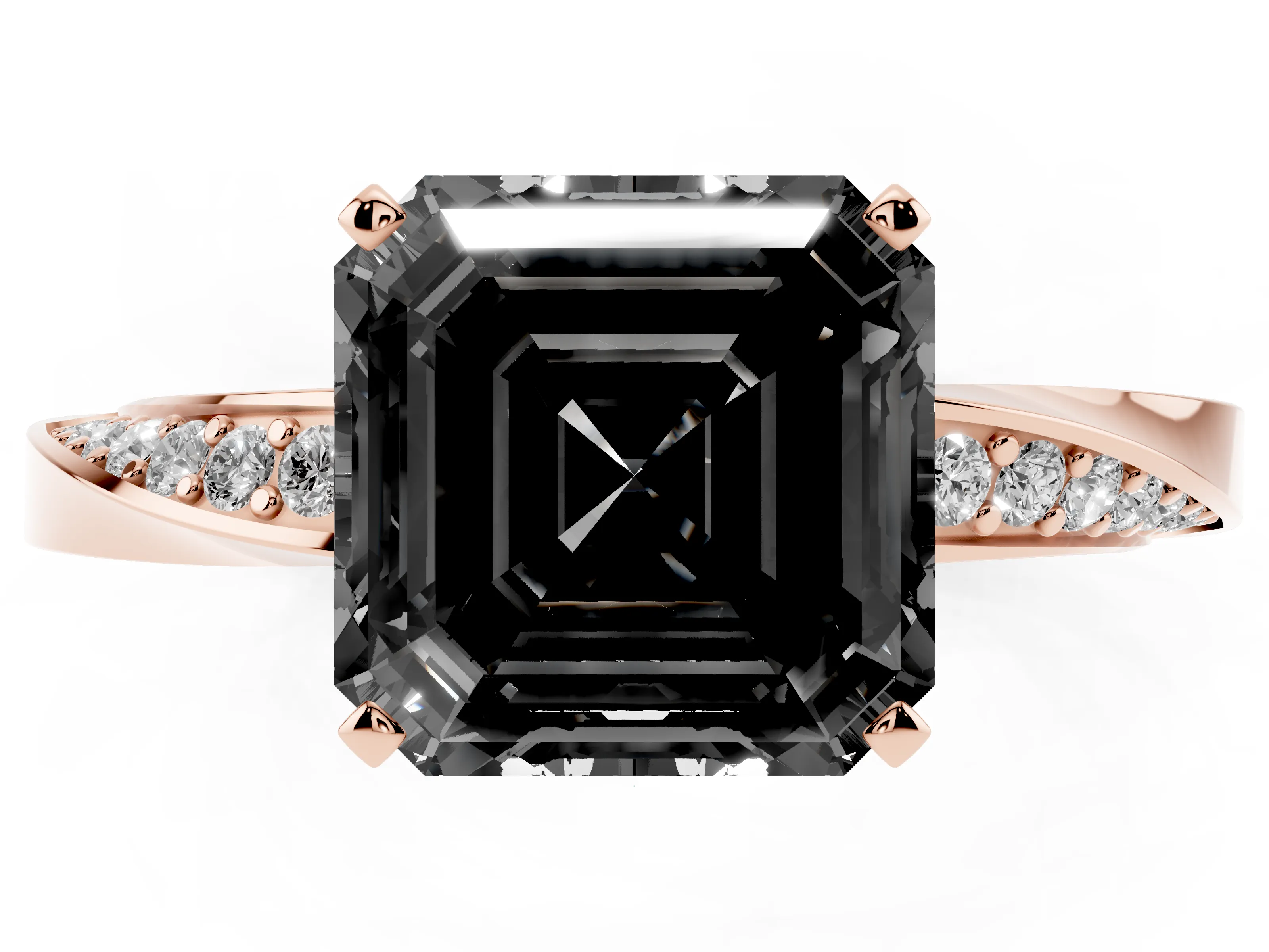Fancy Black Asscher Cut Diamond Engagement Ring Set in Rose gold with Side Stone Accents and Prong Setting
