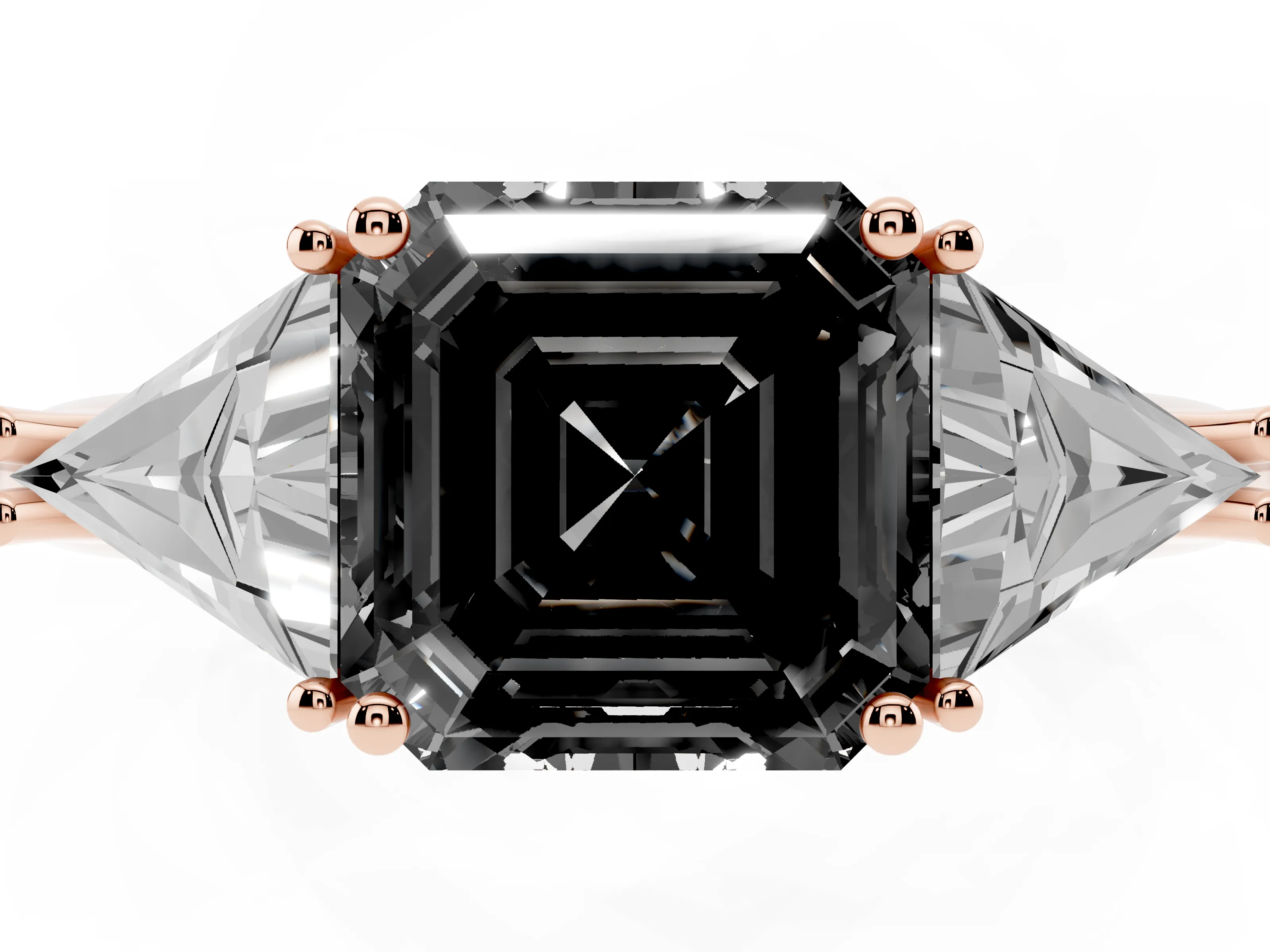 Fancy Black Asscher Cut Diamond Three-Stone Engagement Ring Set in Rose gold with Trillion Side Stones