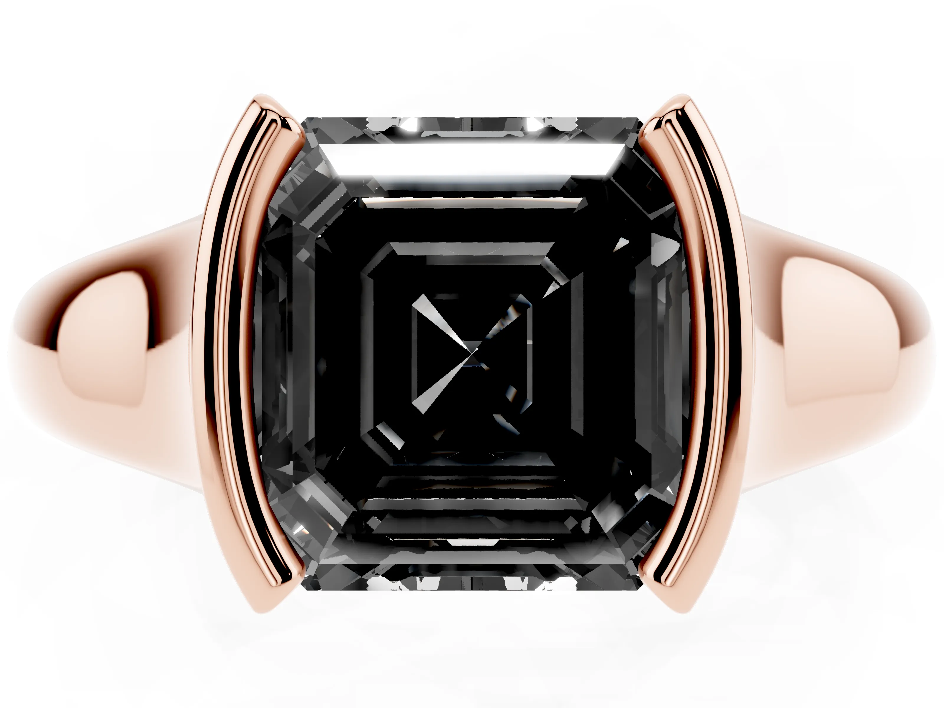 Fancy Black Asscher Cut Diamond Solitaire Tension Set Ring Set in Rose gold with Split Shank Band