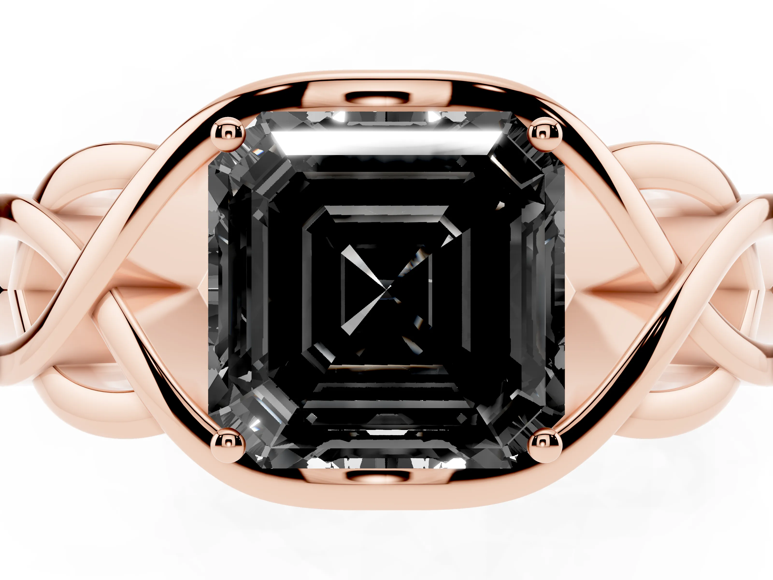 Fancy Black Asscher Cut Diamond Solitaire Ring Set in Rose gold with Intertwined Band