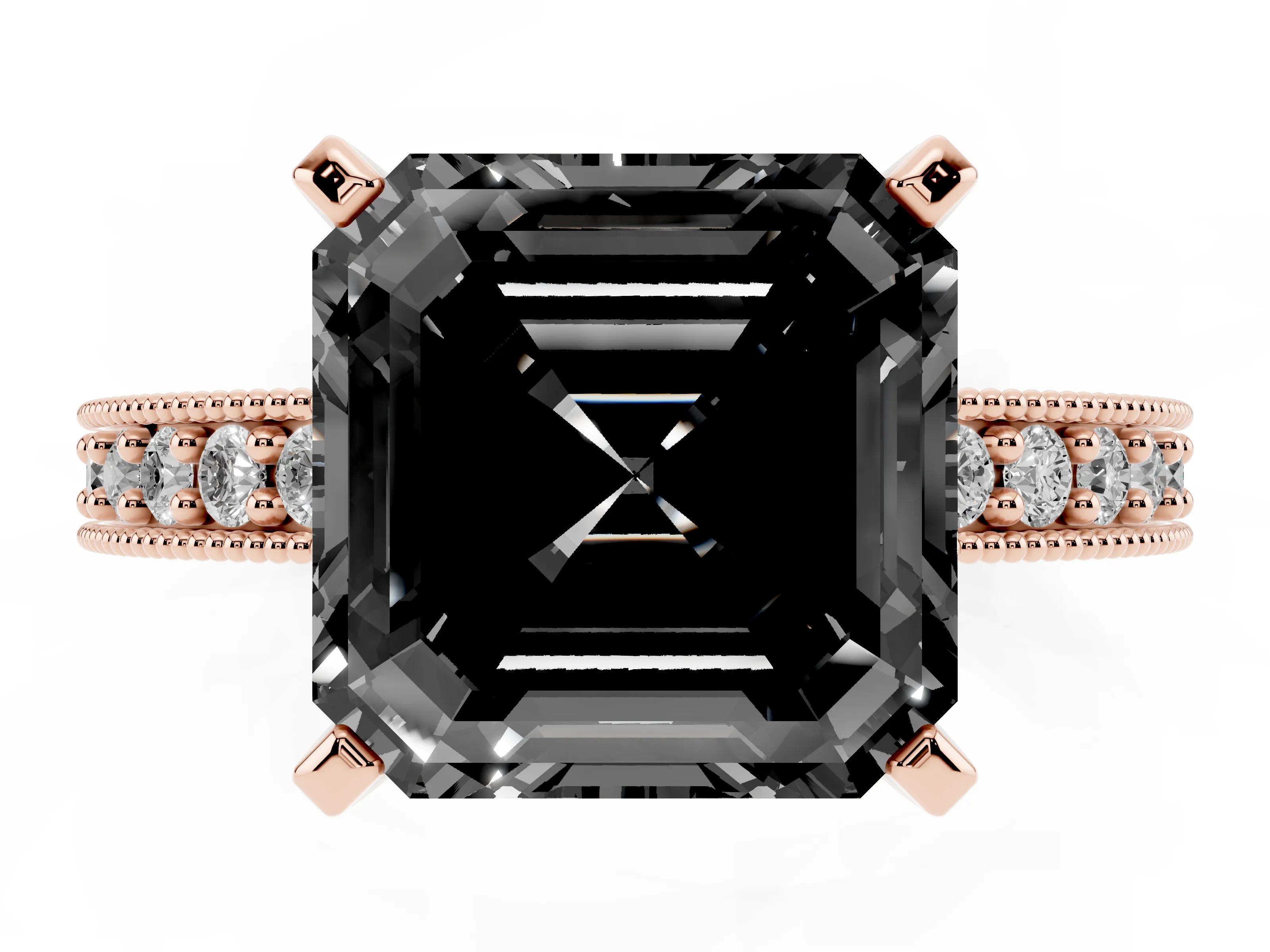 Fancy Black Asscher Cut Diamond Milgrain Pavé Engagement Ring Set in Rose gold with Prong Setting