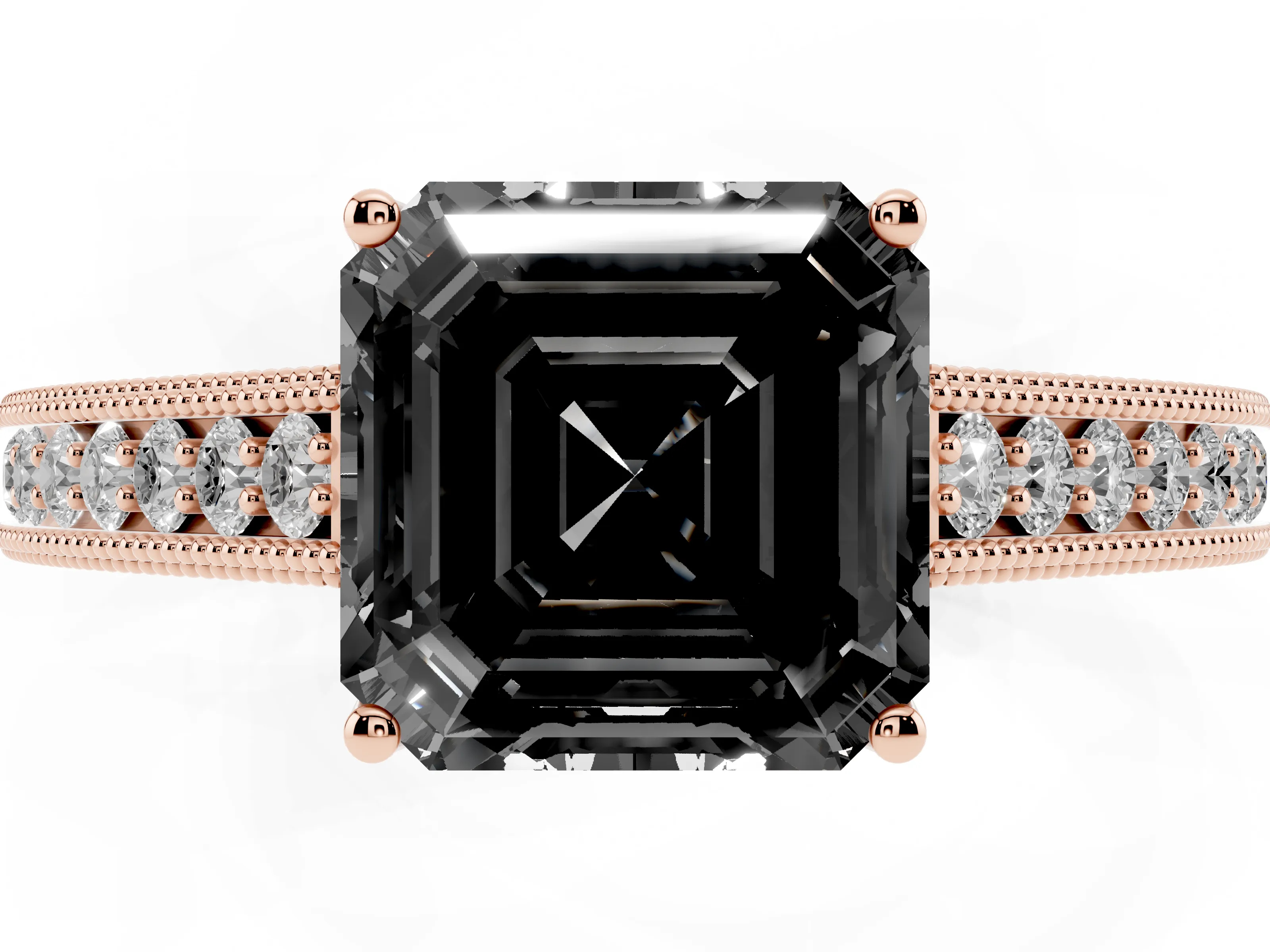 Fancy Black Asscher Cut Diamond Milgrain Pavé Band Solitaire Ring Set in Rose gold with Prong Setting