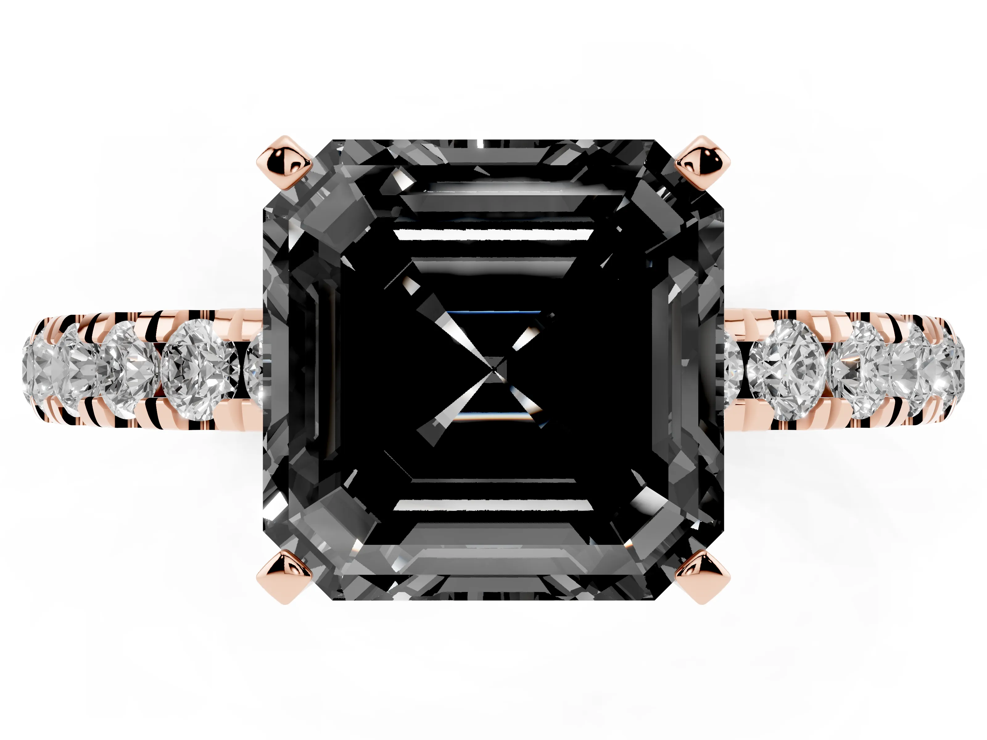 Fancy Black Asscher Cut Diamond Solitaire Ring Set in Rose gold with Pavé Accents and Prong Setting