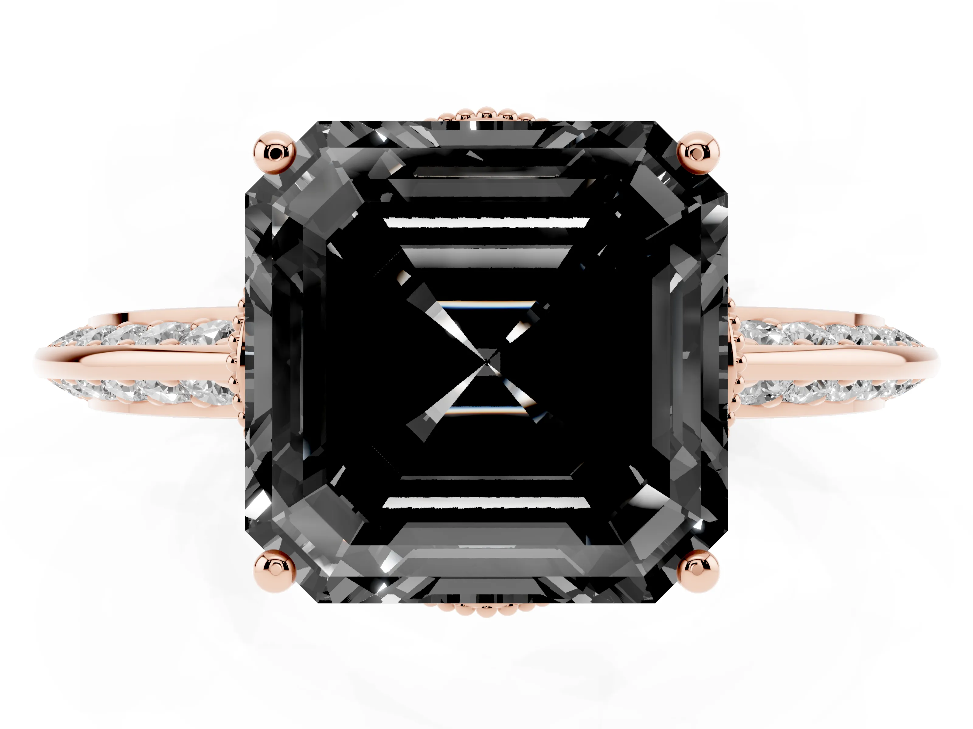 Fancy Black Asscher Cut Diamond Solitaire Engagement Ring Set in Rose gold with Pavé Split Shank and Prong Setting