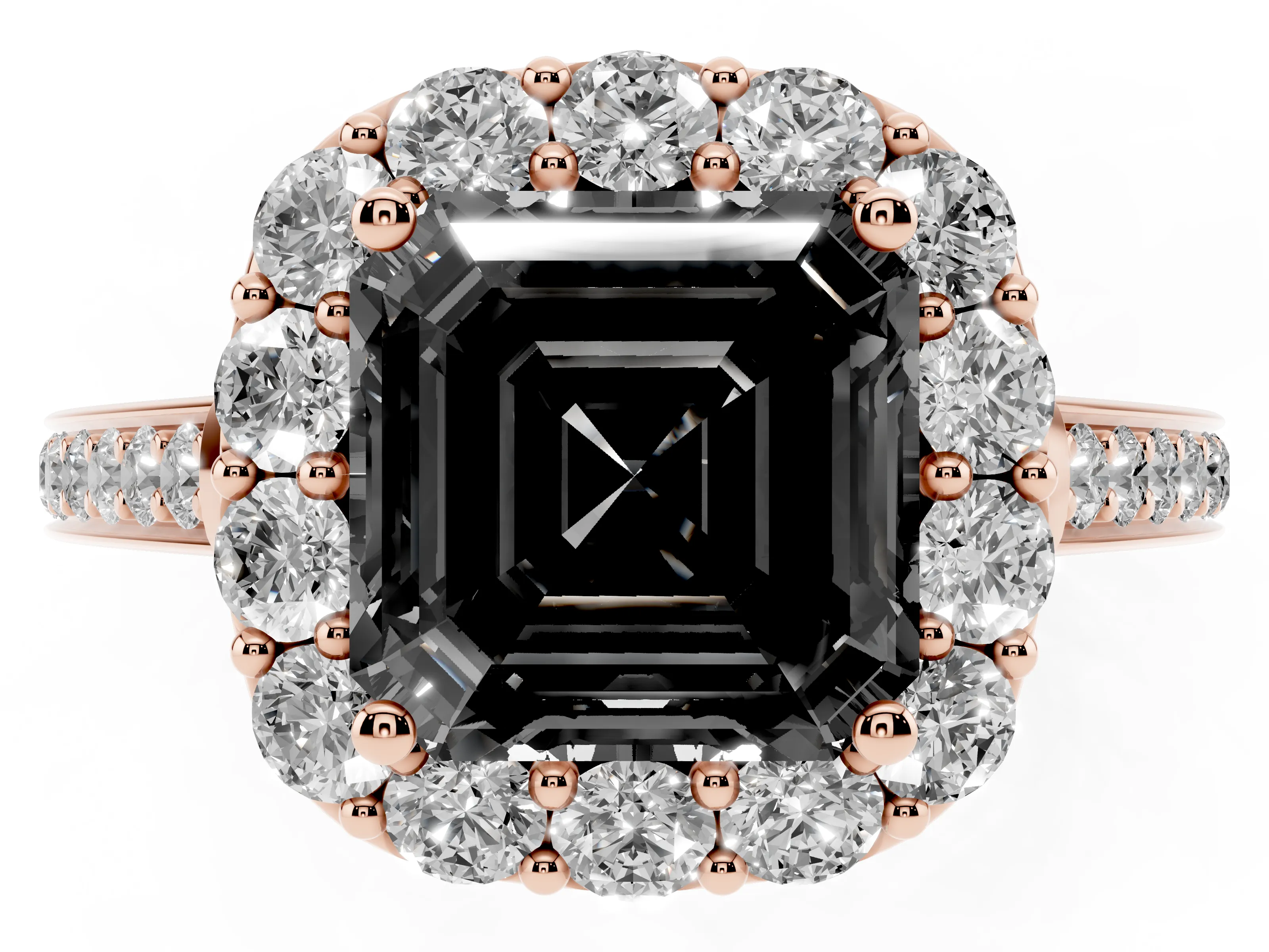 Fancy Black Asscher Cut Diamond Floral Halo Ring Set in Rose gold with Pavé Band and Prong Setting