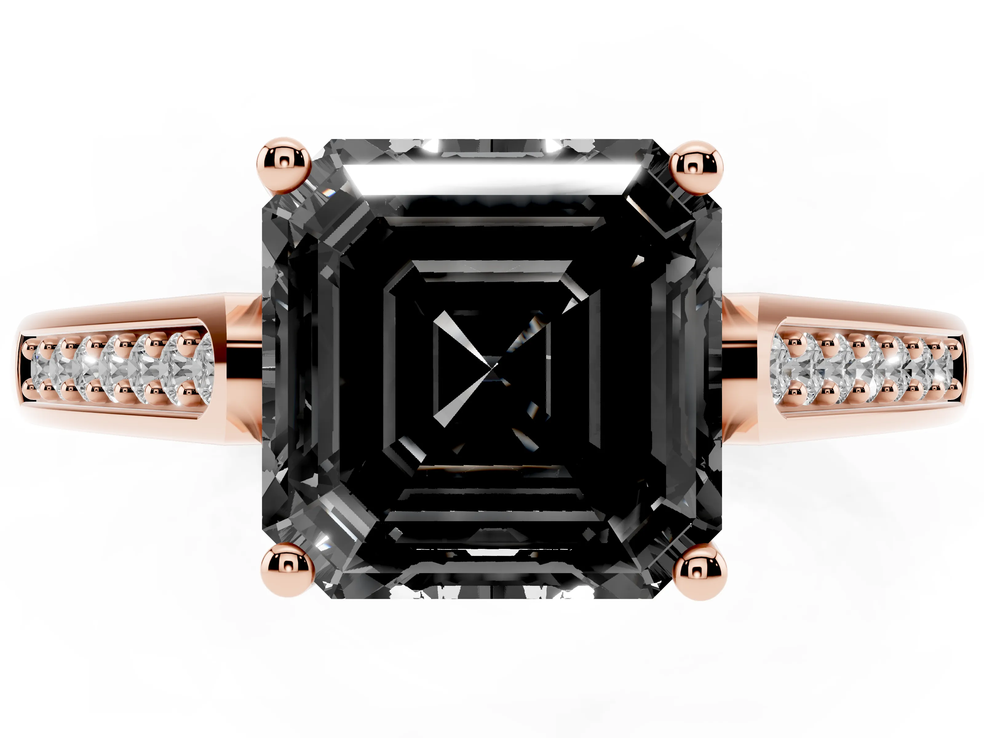 Fancy Black Asscher Cut Diamond Solitaire Cathedral Engagement Ring Set in Rose gold with Channel-Set Band and Prong Setting