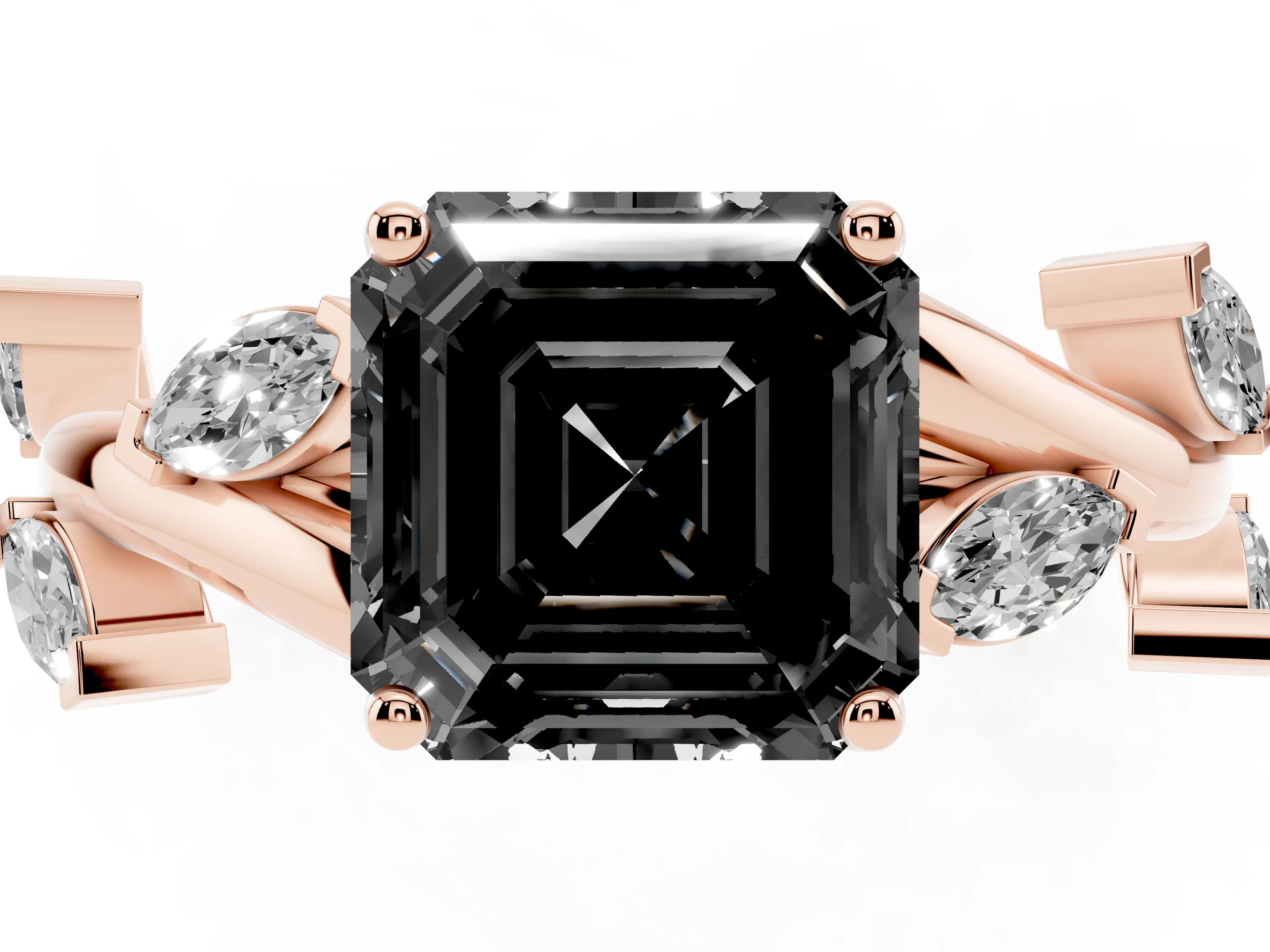 Fancy Black Asscher Cut Diamond Solitaire Ring Set in Rose gold with Twisted Marquise Accent Band