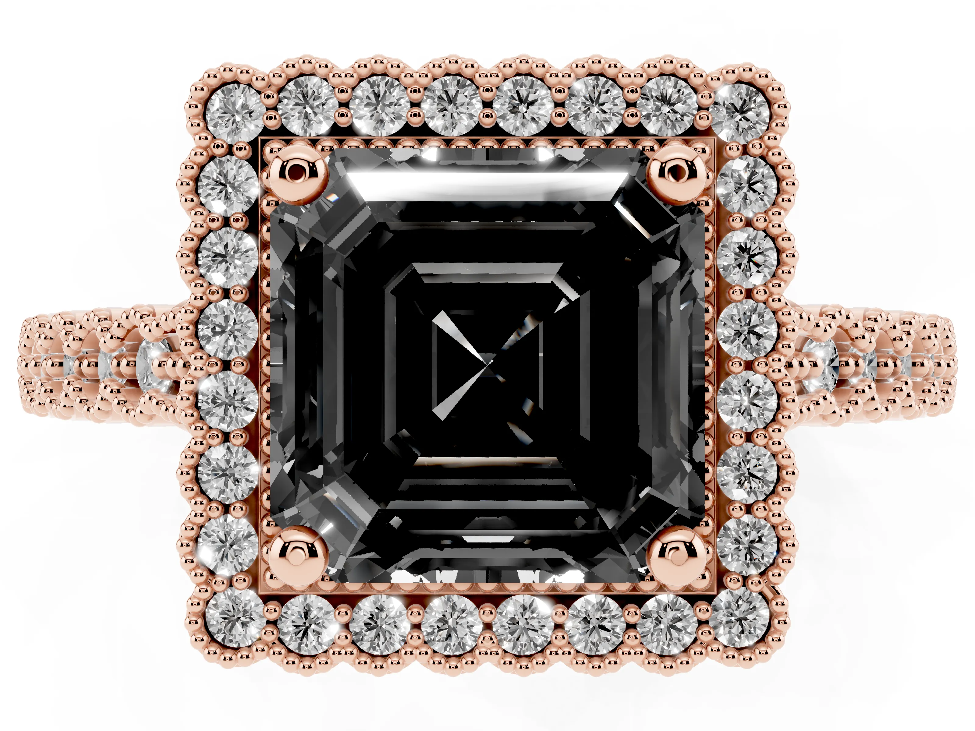 Fancy Black Asscher Cut Diamond Halo Ring Set in Rose gold with Pavé Milgrain Band