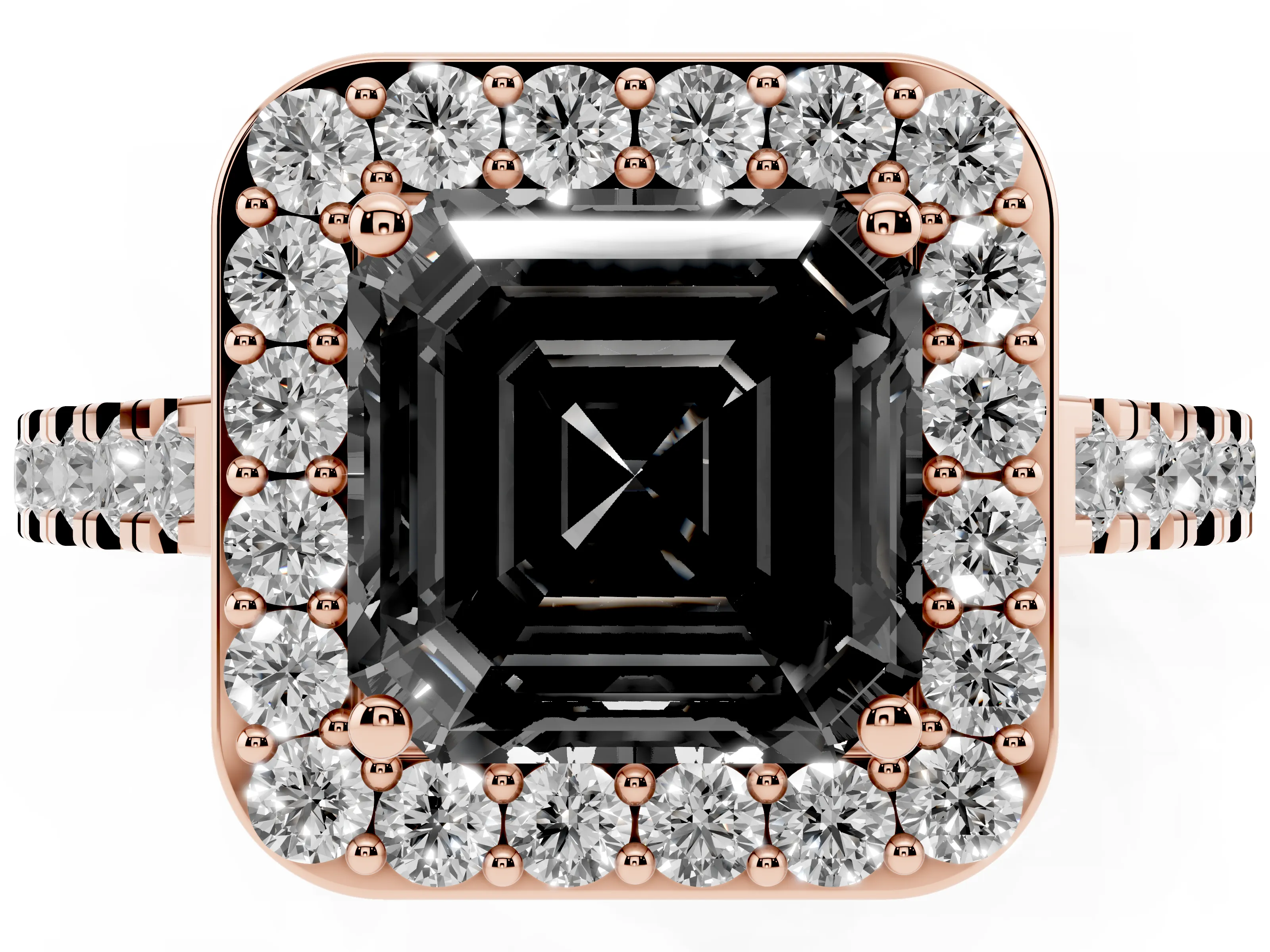 Fancy Black Asscher Cut Diamond Halo Ring Set in Rose gold with Round Pavé Split Shank and Prong Setting