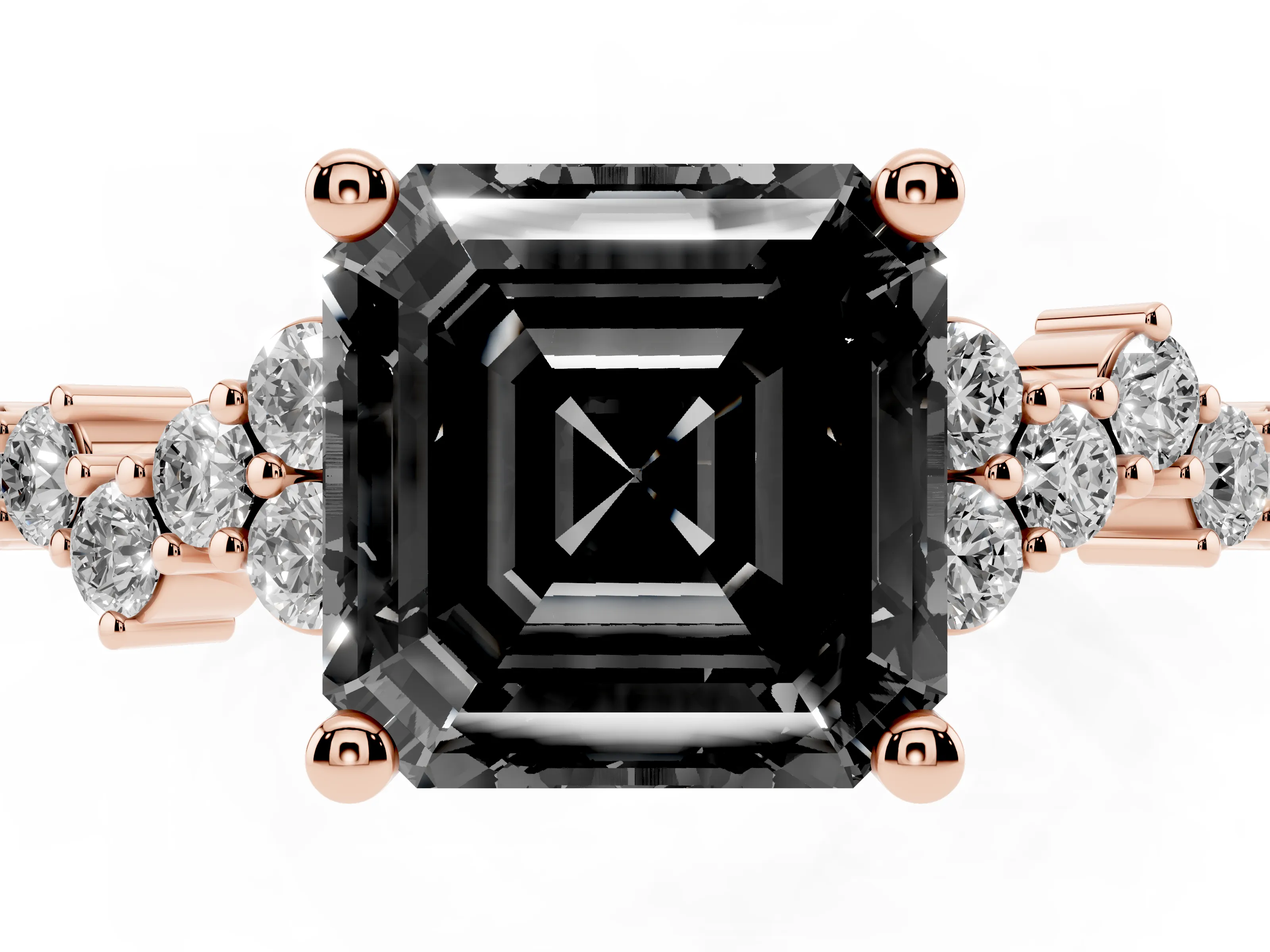 Fancy Black Asscher Cut Diamond Ring Set in Rose gold with Scattered Round Accents