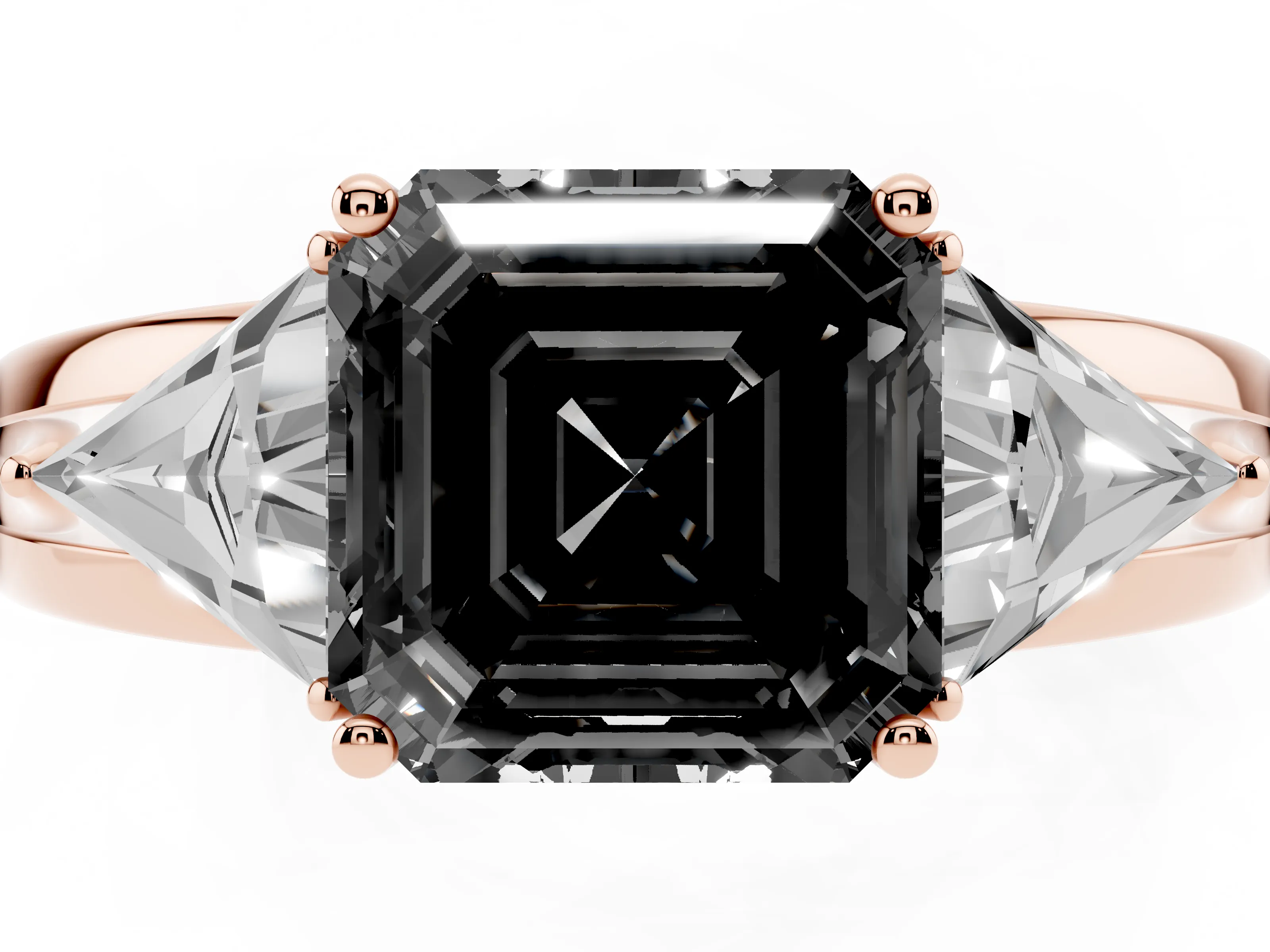 Fancy Black Asscher Cut Diamond Three-Stone Ring Set in Rose gold with Trillion Side Stones and Split Shank