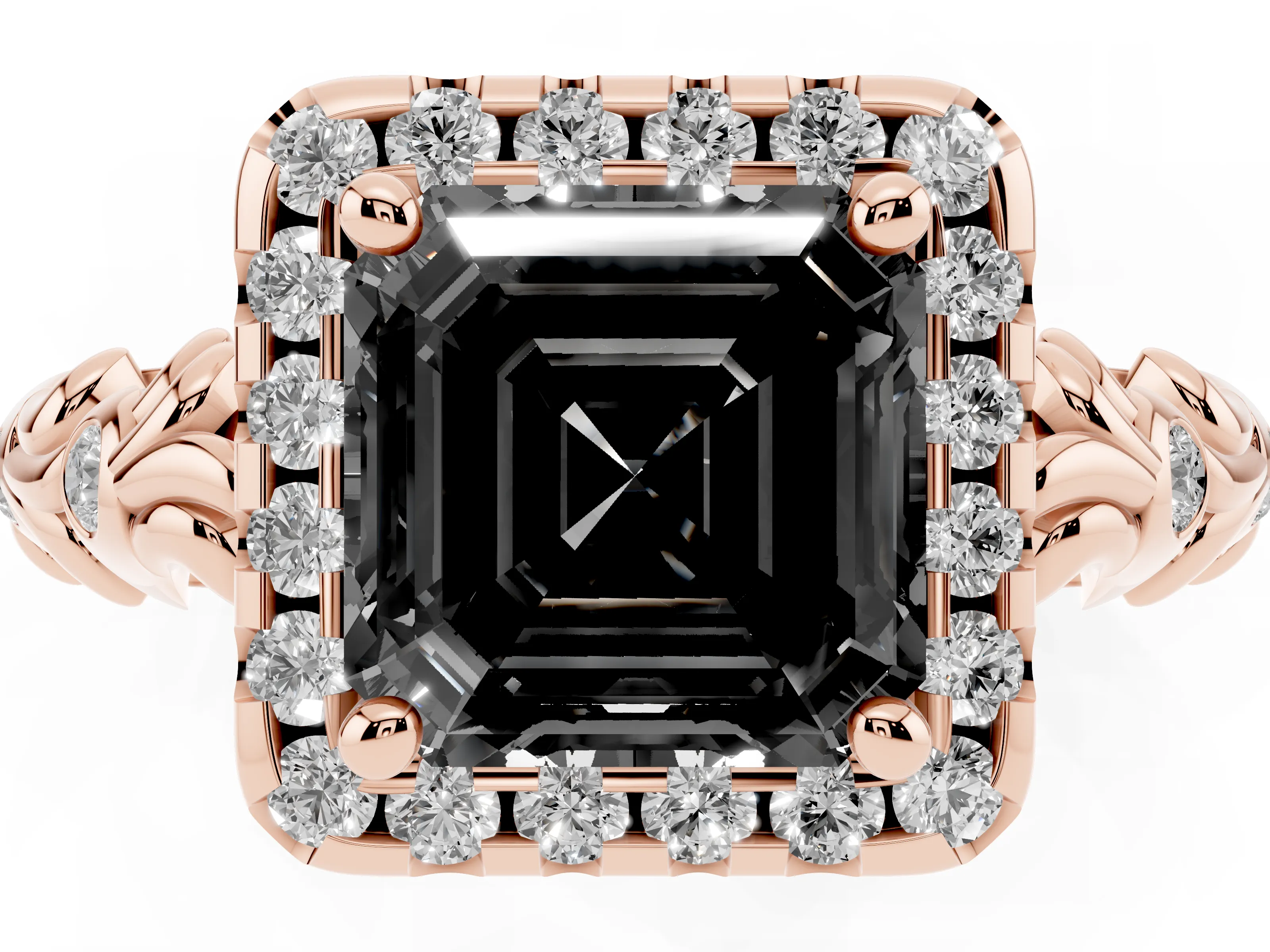 Fancy Black Asscher Cut Diamond Halo Ring Set in Rose gold with Filigree Leaf Band and Prong Setting