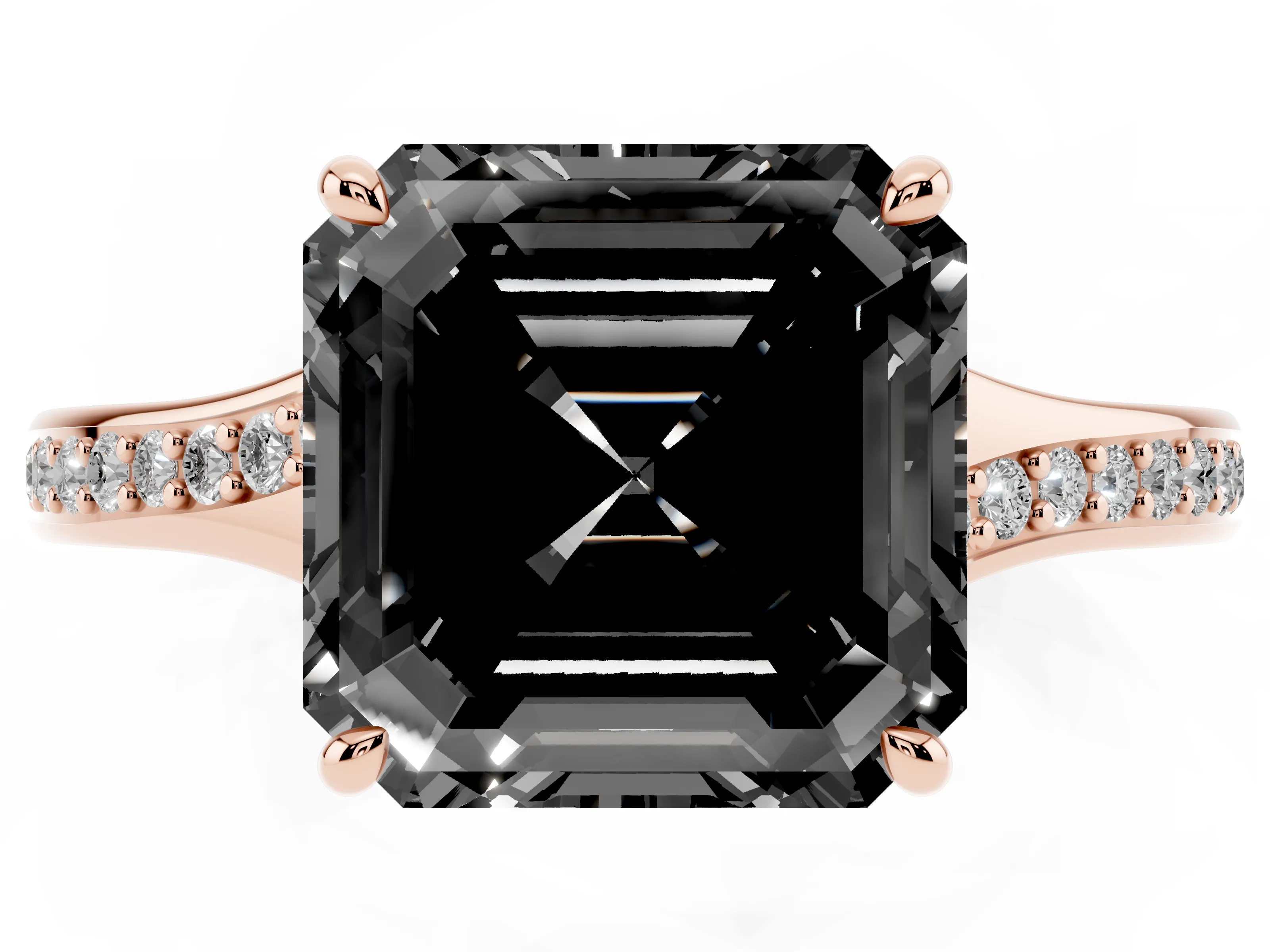 Fancy Black Asscher Cut Diamond Solitaire Ring Set in Rose gold with Pavé Accent Band and Classic Prong Setting
