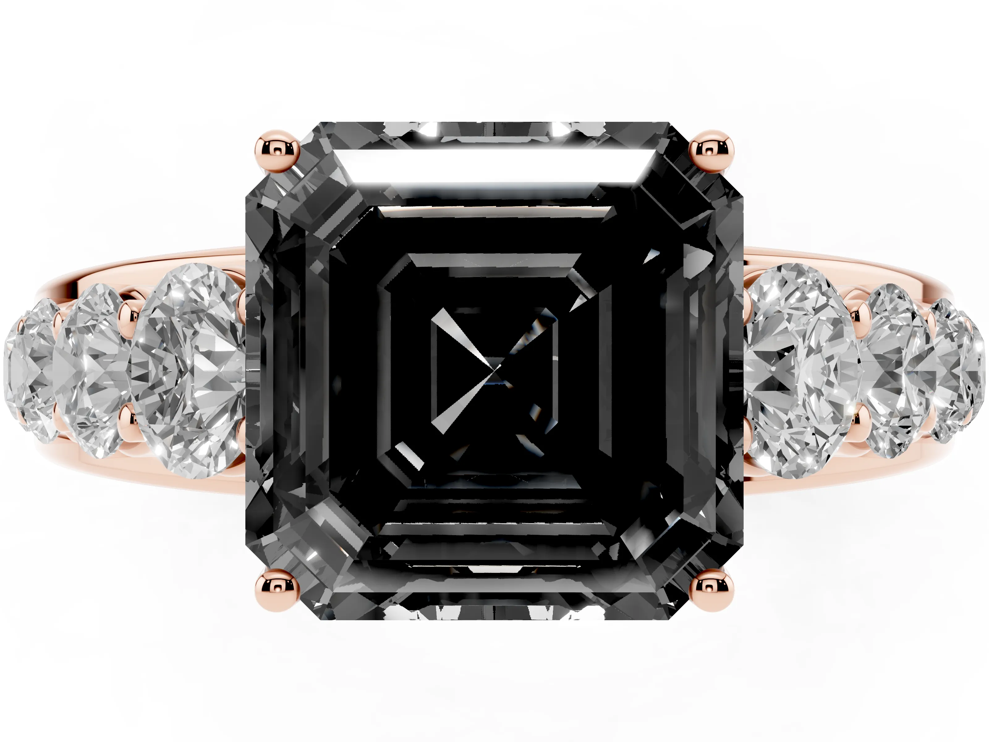 Fancy Black Asscher Cut Diamond Solitaire Ring Set in Rose gold with Pavé-Set Band and Prong Setting