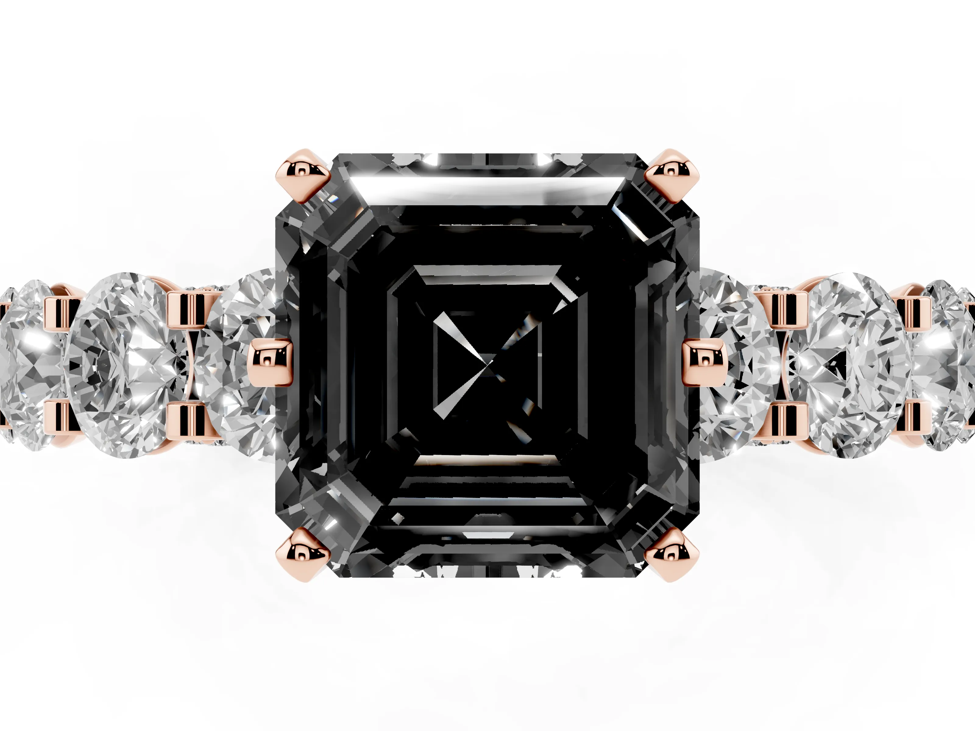 Fancy Black Asscher Cut Diamond Side Stone Ring Set in Rose gold with Alternating Round and Oval Side Stones
