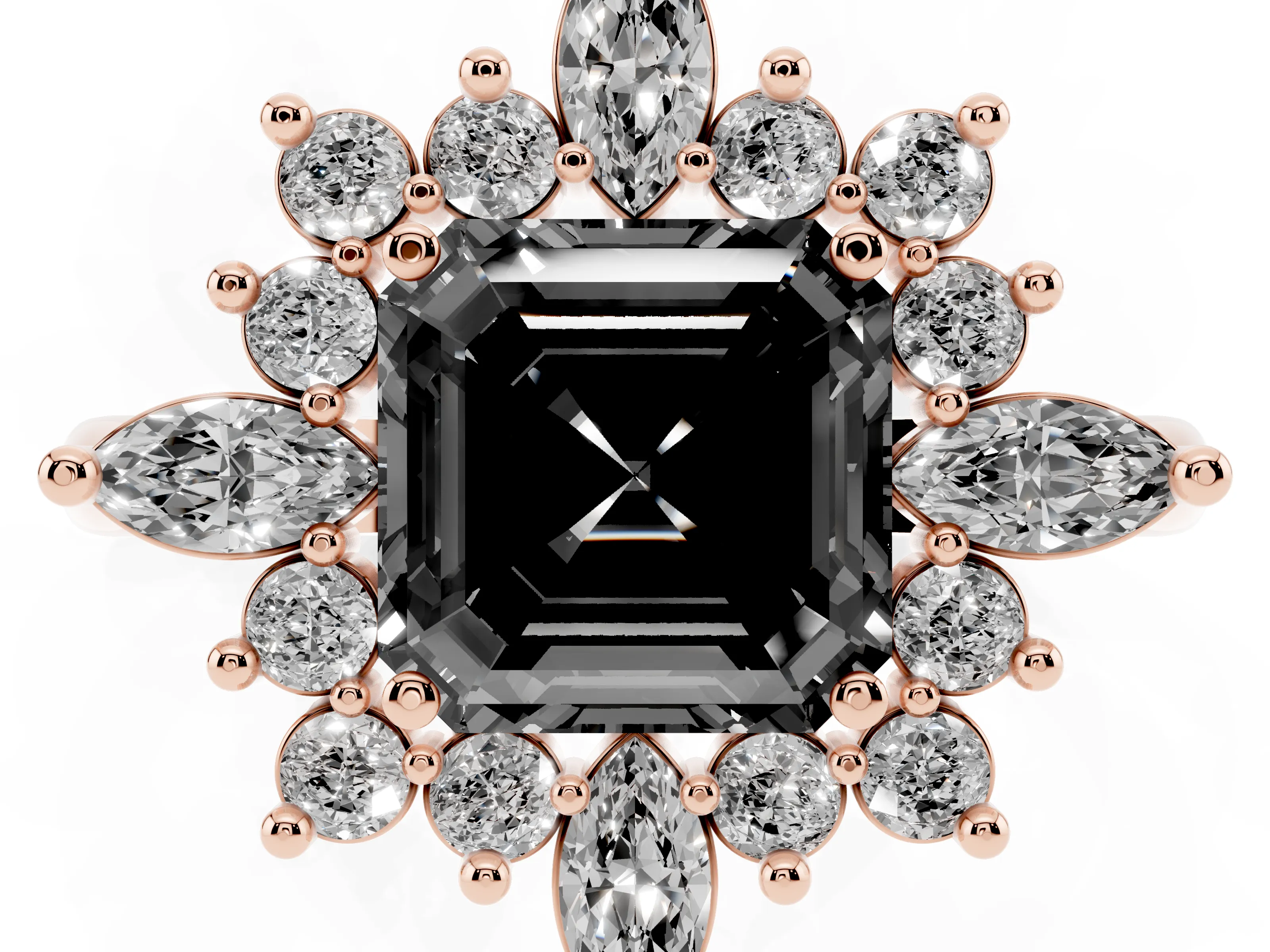 Fancy Black Asscher Cut Diamond Cluster Halo Ring Set in Rose gold with Marquise and Round Accents