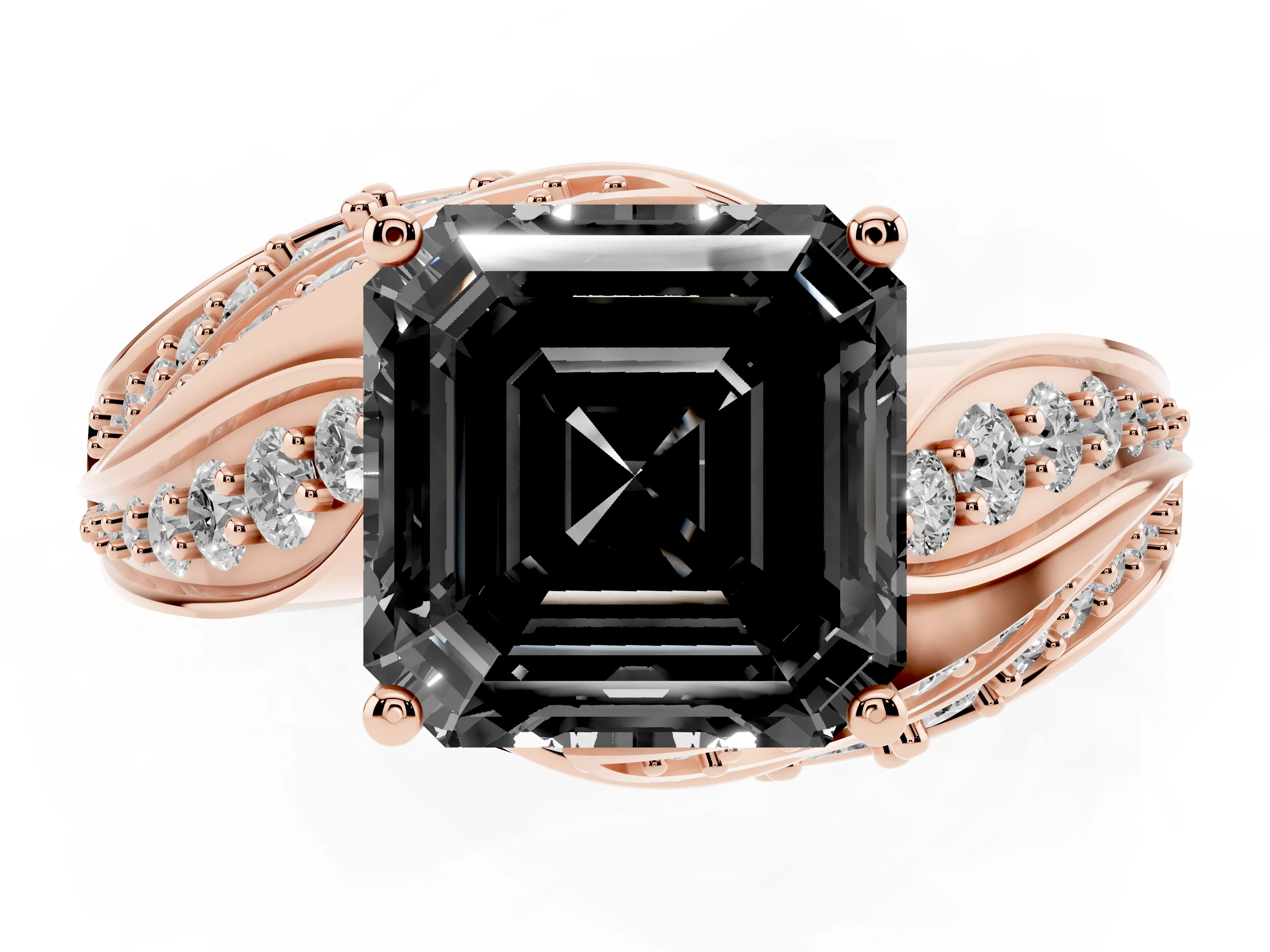 Fancy Black Asscher Cut Diamond Solitaire Ring Set in Rose gold with Layered Twist Pavé Band