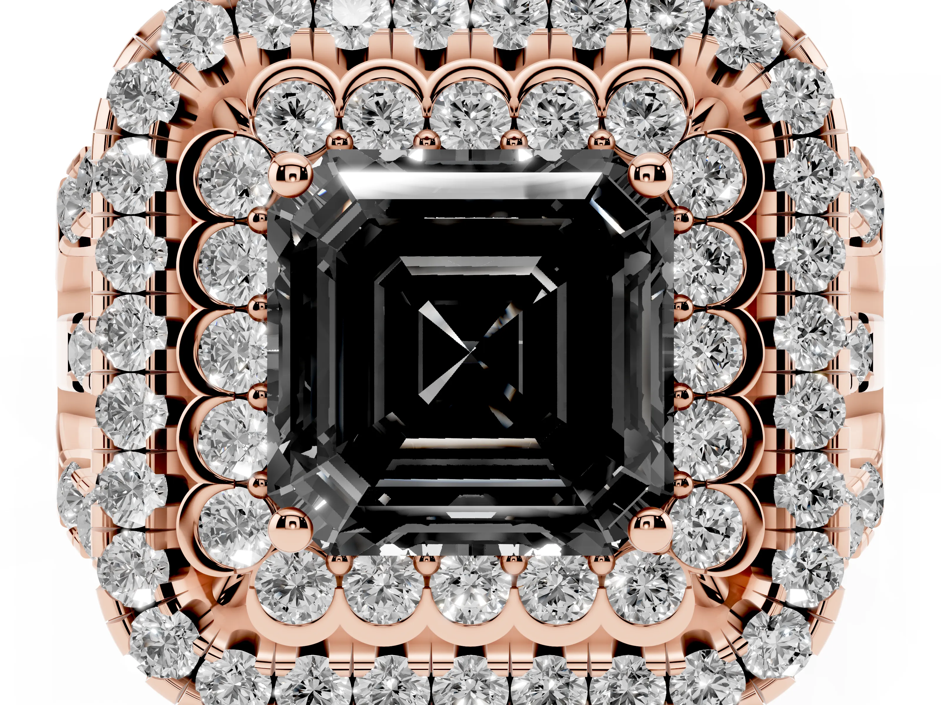 Fancy Black Asscher Cut Diamond Double Halo Ring Set in Rose gold with Round Pavé Split Shank