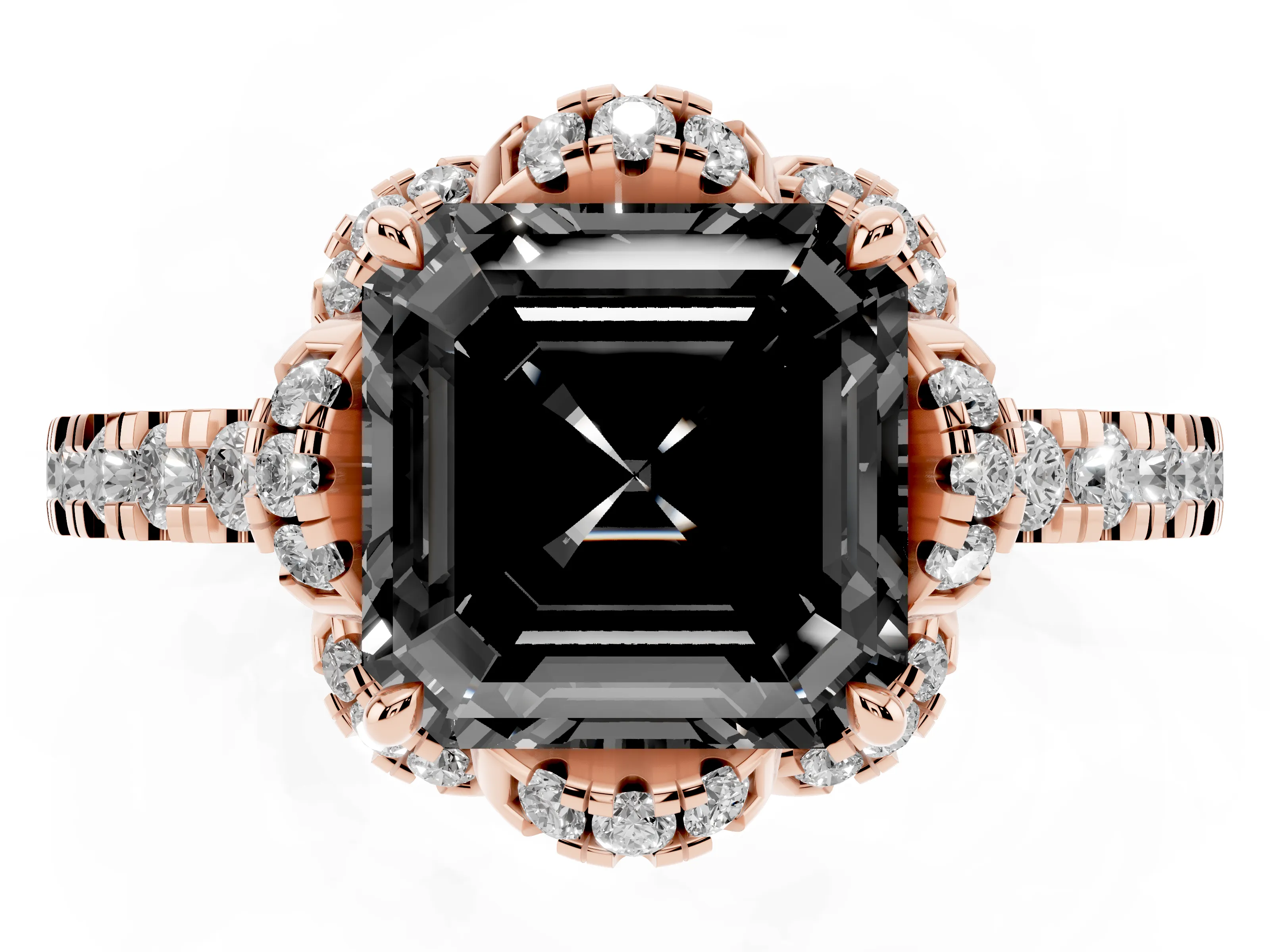 Fancy Black Asscher Cut Diamond Halo Pavé Ring Set in Rose gold with Prong-Held Center Stone