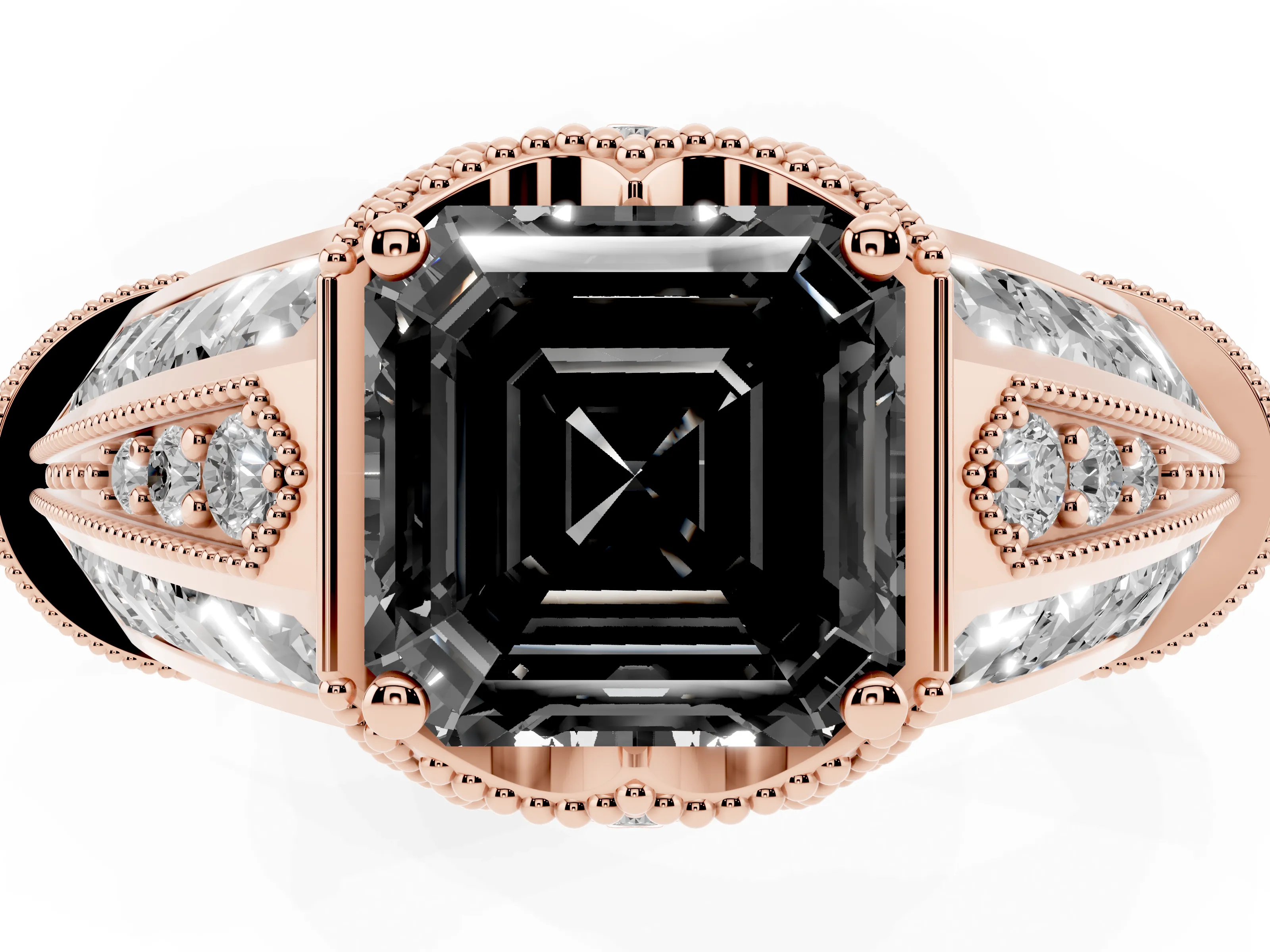 Fancy Black Asscher Cut Diamond Vintage-Inspired Milgrain Ring Set in Rose gold with Accent Split Shank