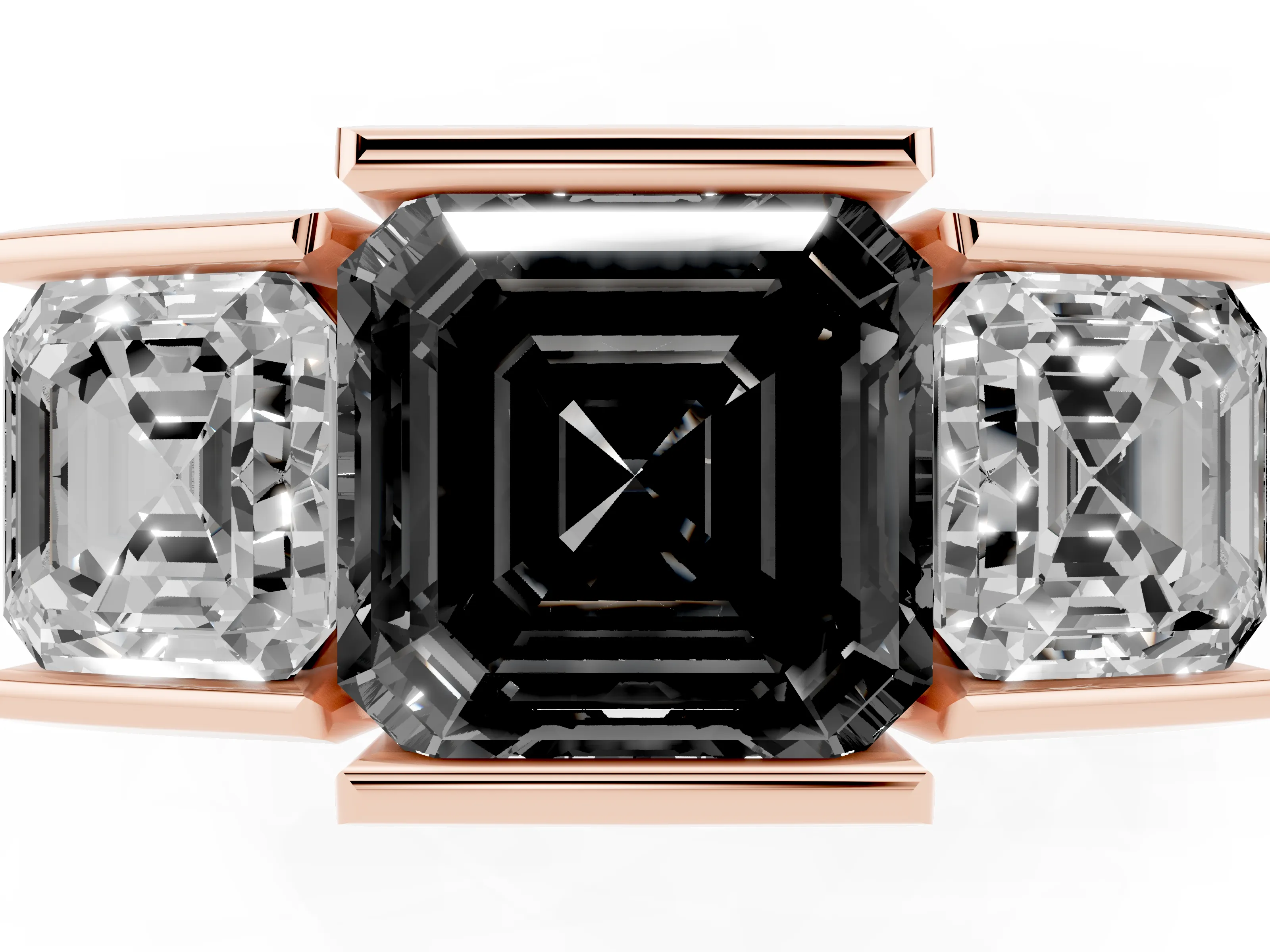Fancy Black Asscher Cut Diamond Three-Stone Channel Set Ring Set in Rose gold with Smooth Polished Band