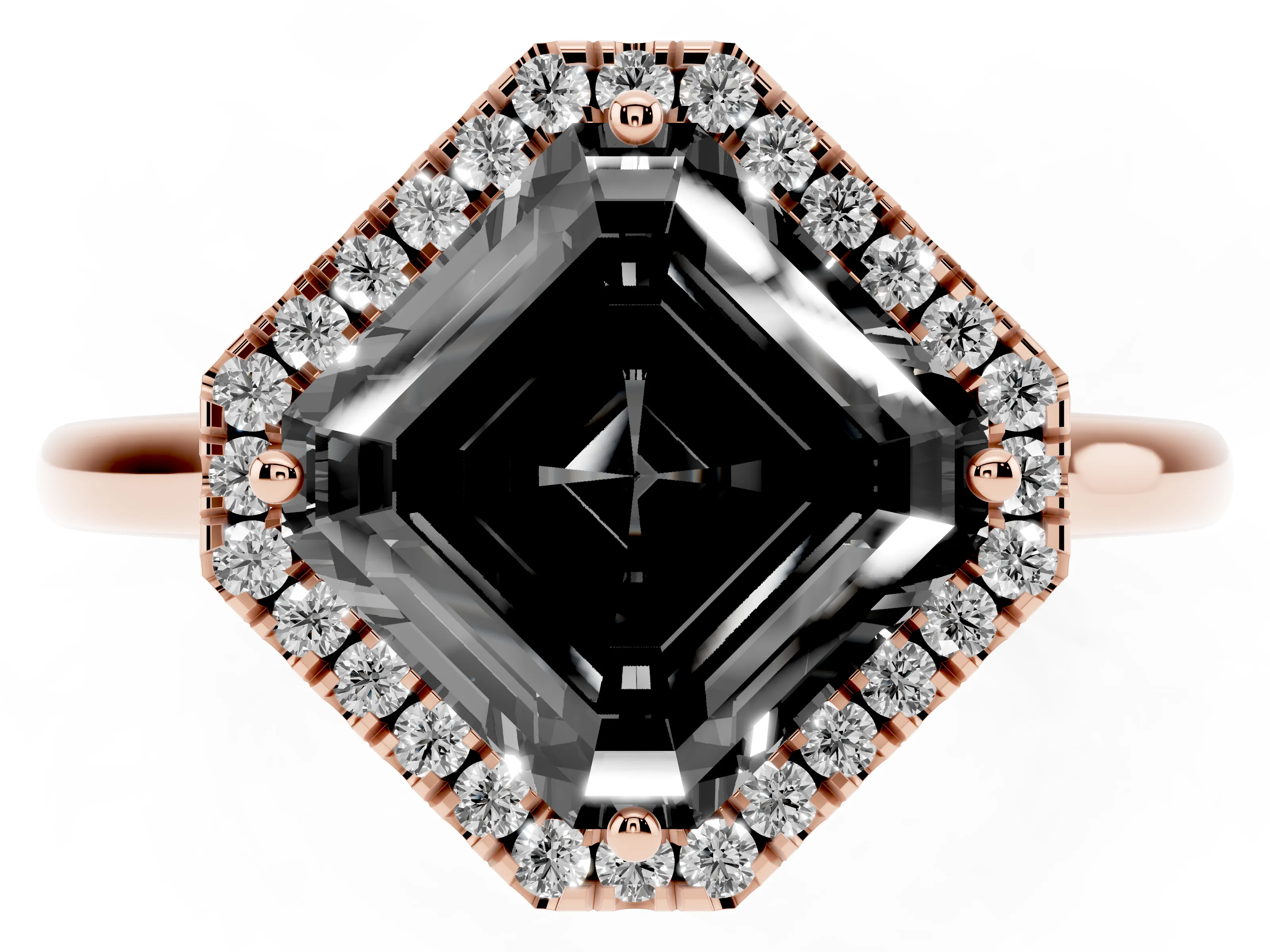 Fancy Black Asscher Cut Diamond Halo Engagement Ring Set in Rose gold with Pavé Band and Rising Shoulders