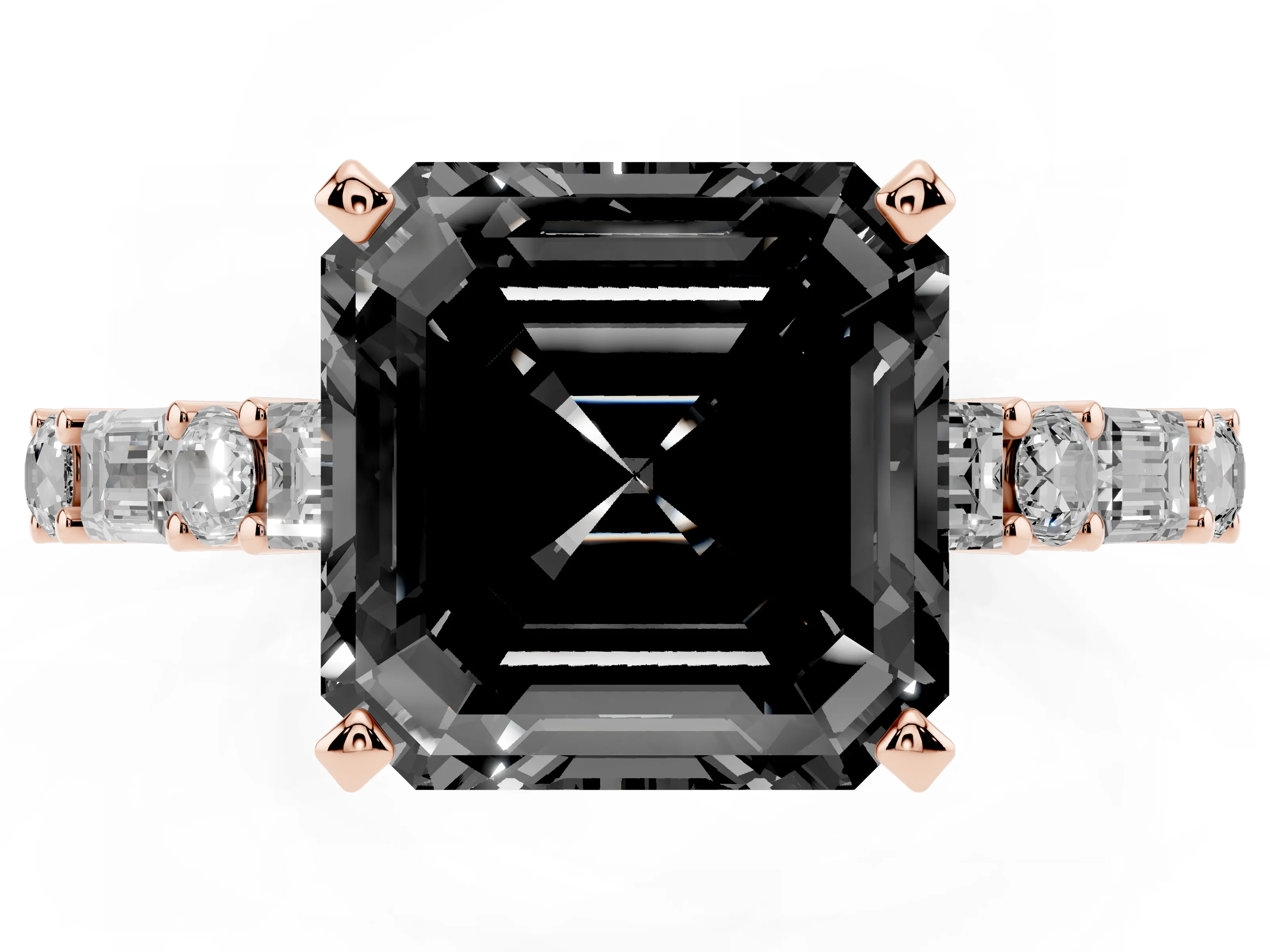 Fancy Black Asscher Cut Diamond Solitaire Set in Rose gold with Side Baguettes and Channel Set Band