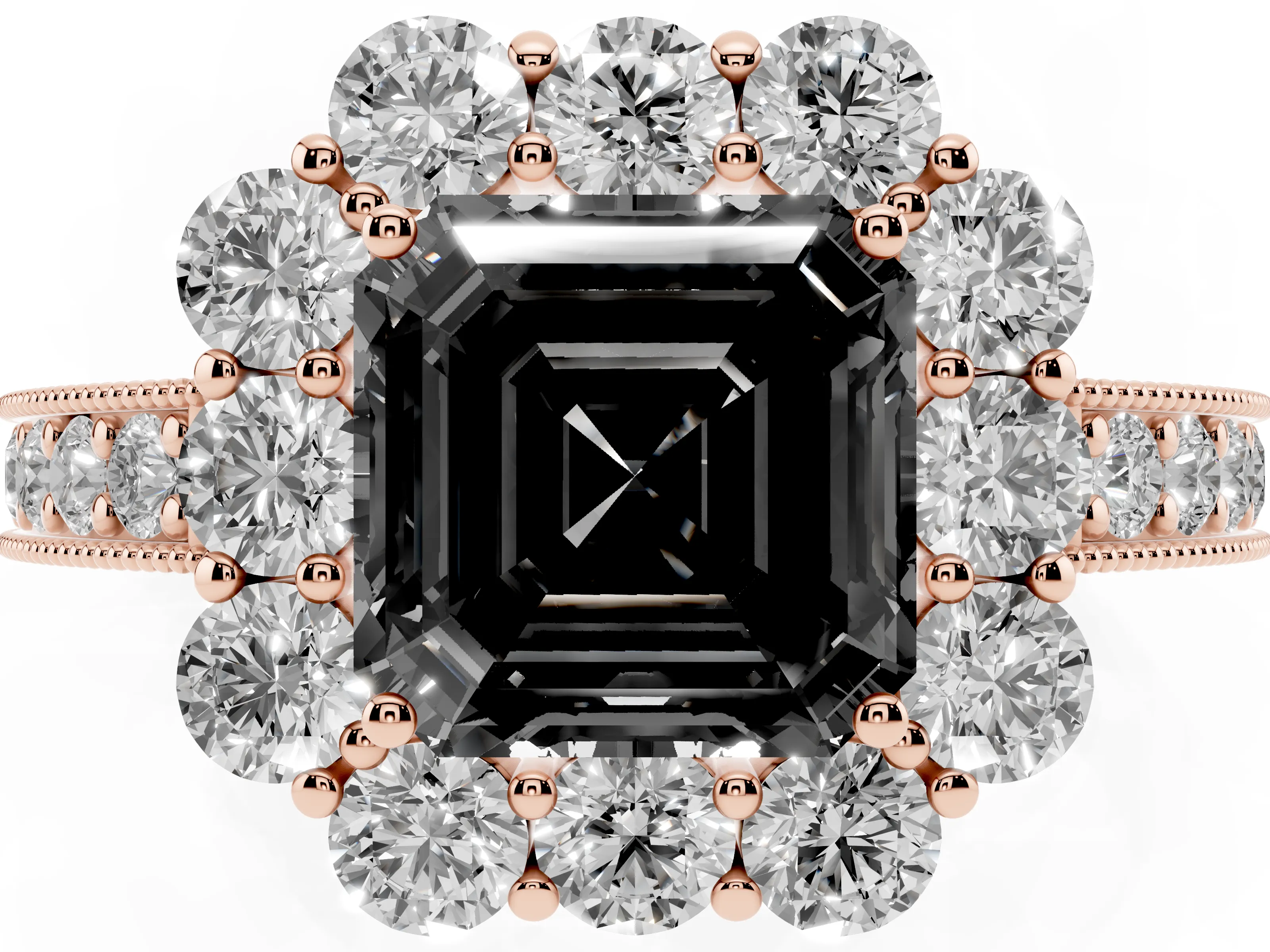 Fancy Black Asscher Cut Diamond Halo Pavé Engagement Ring Set in Rose gold with Milgrain Detailing