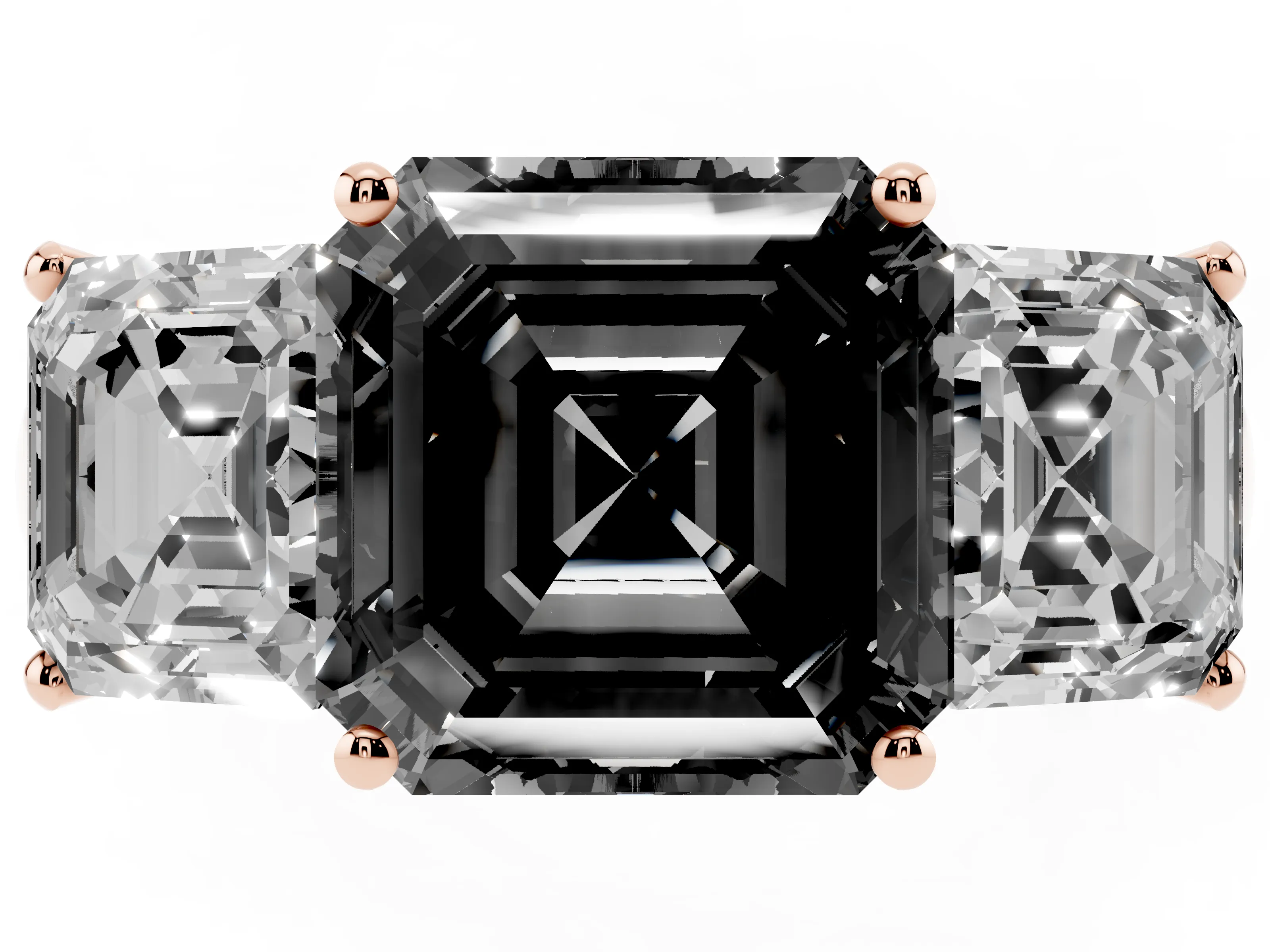 Fancy Black Asscher Cut Diamond Three-Stone Ring Set in Rose gold with Classic Prong Setting and Plain Band