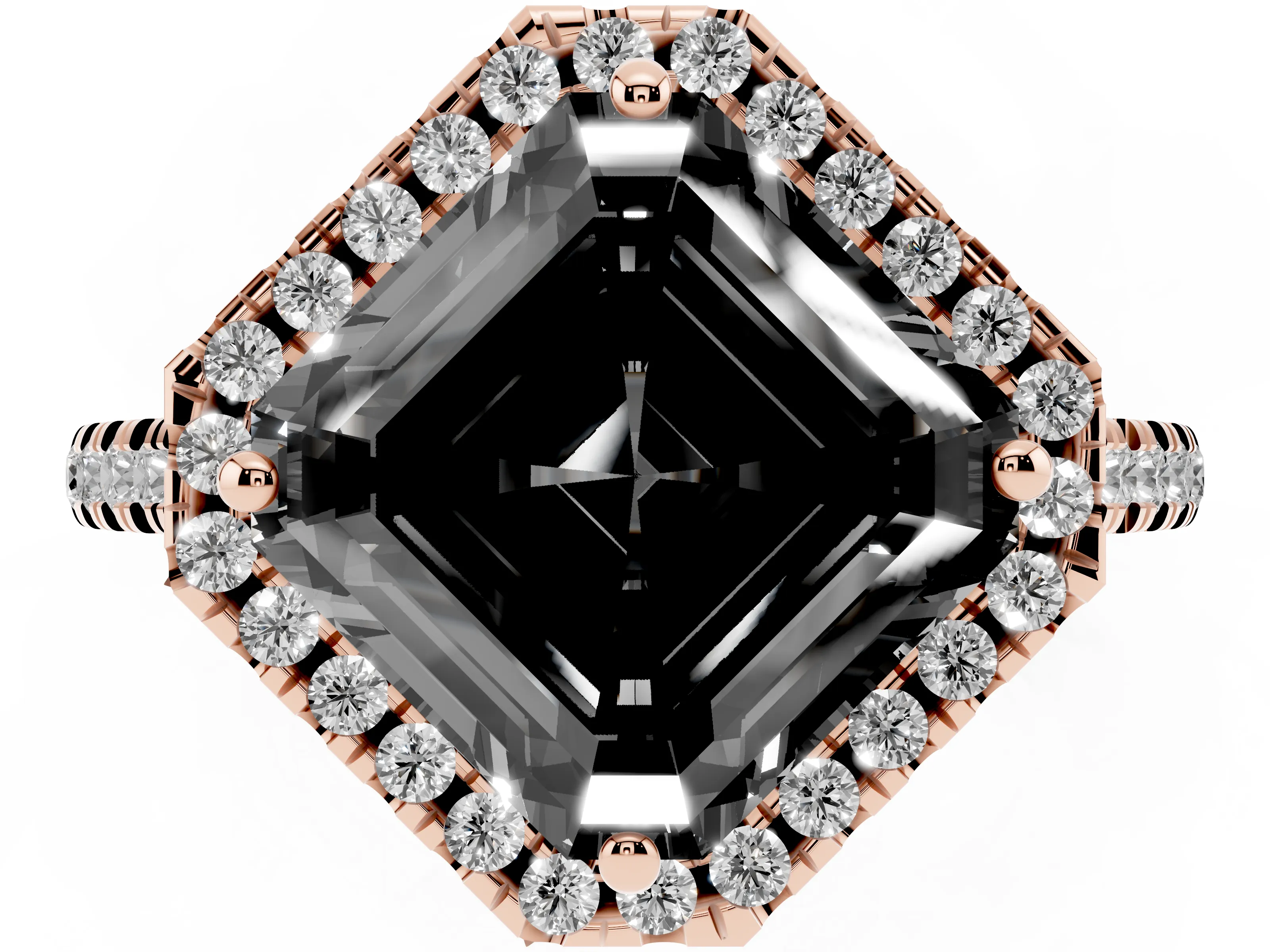 Fancy Black Asscher Cut Diamond Cushion Halo Ring Set in Rose gold with Pavé Band
