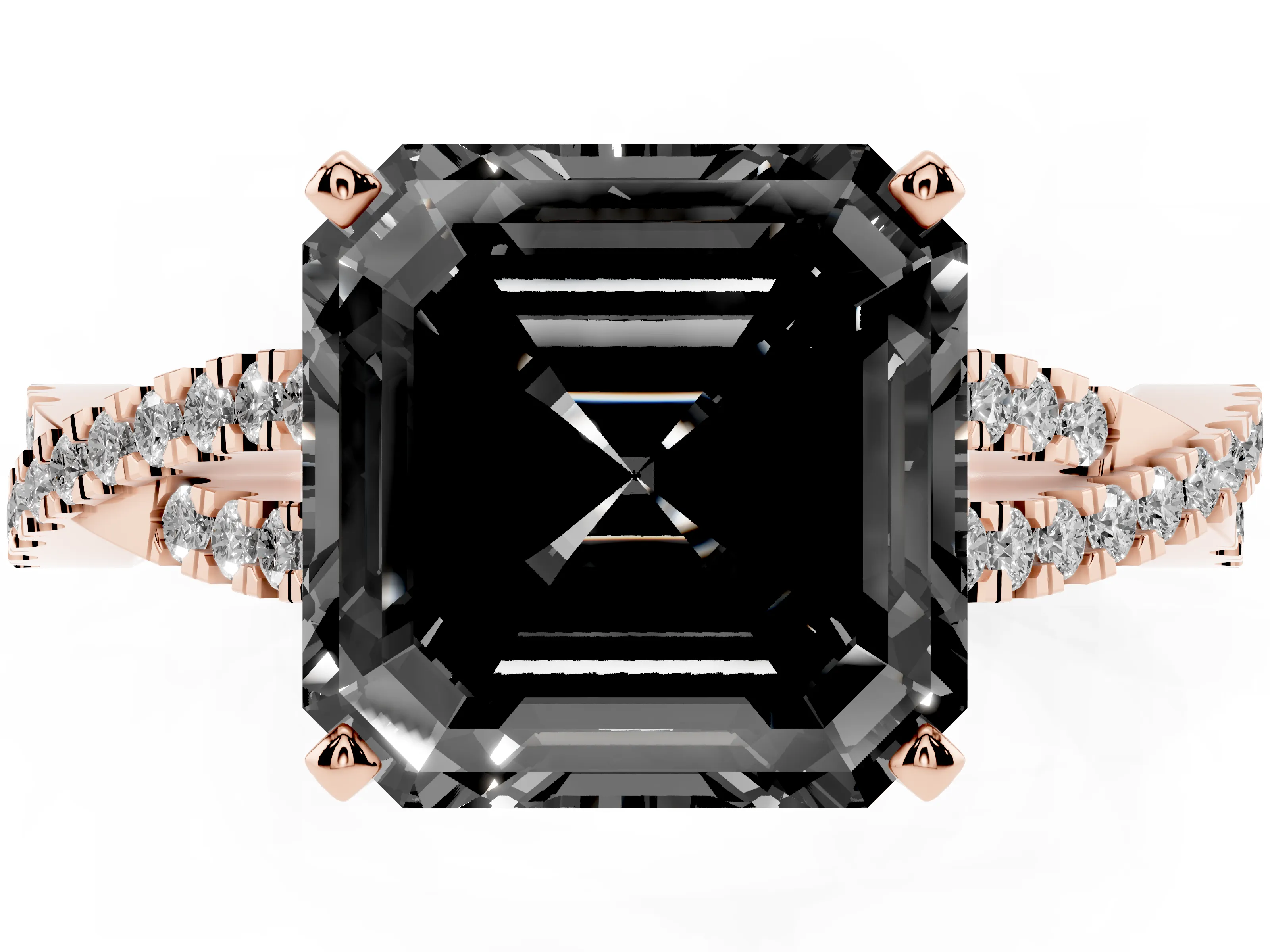 Fancy Black Asscher Cut Diamond Solitaire Engagement Ring Set in Rose gold with Twisted Pavé Band and Prong Setting