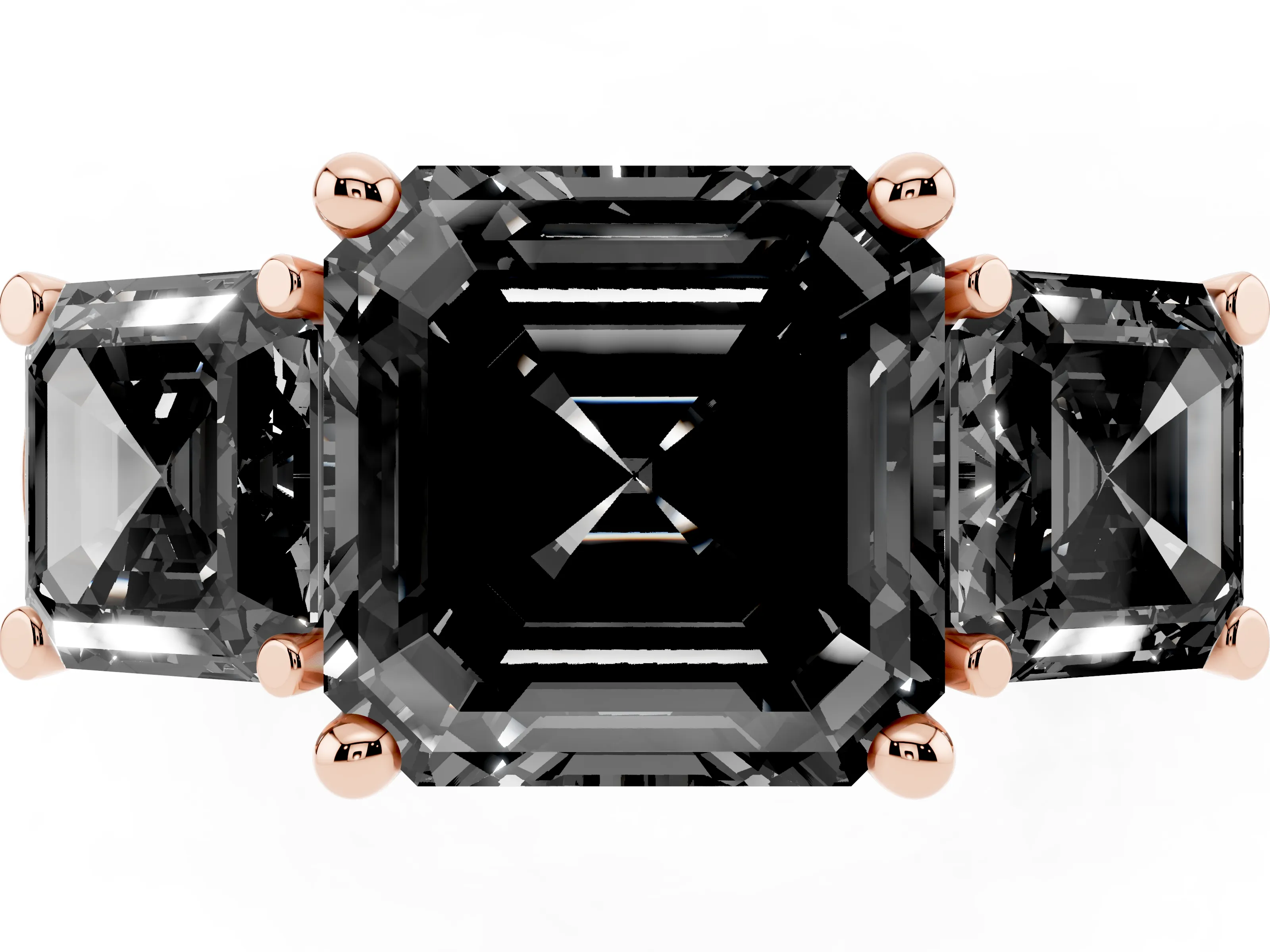 Fancy Black Asscher Cut Diamond Three-Stone Trellis Ring Set in Rose gold with Comfort Fit Band
