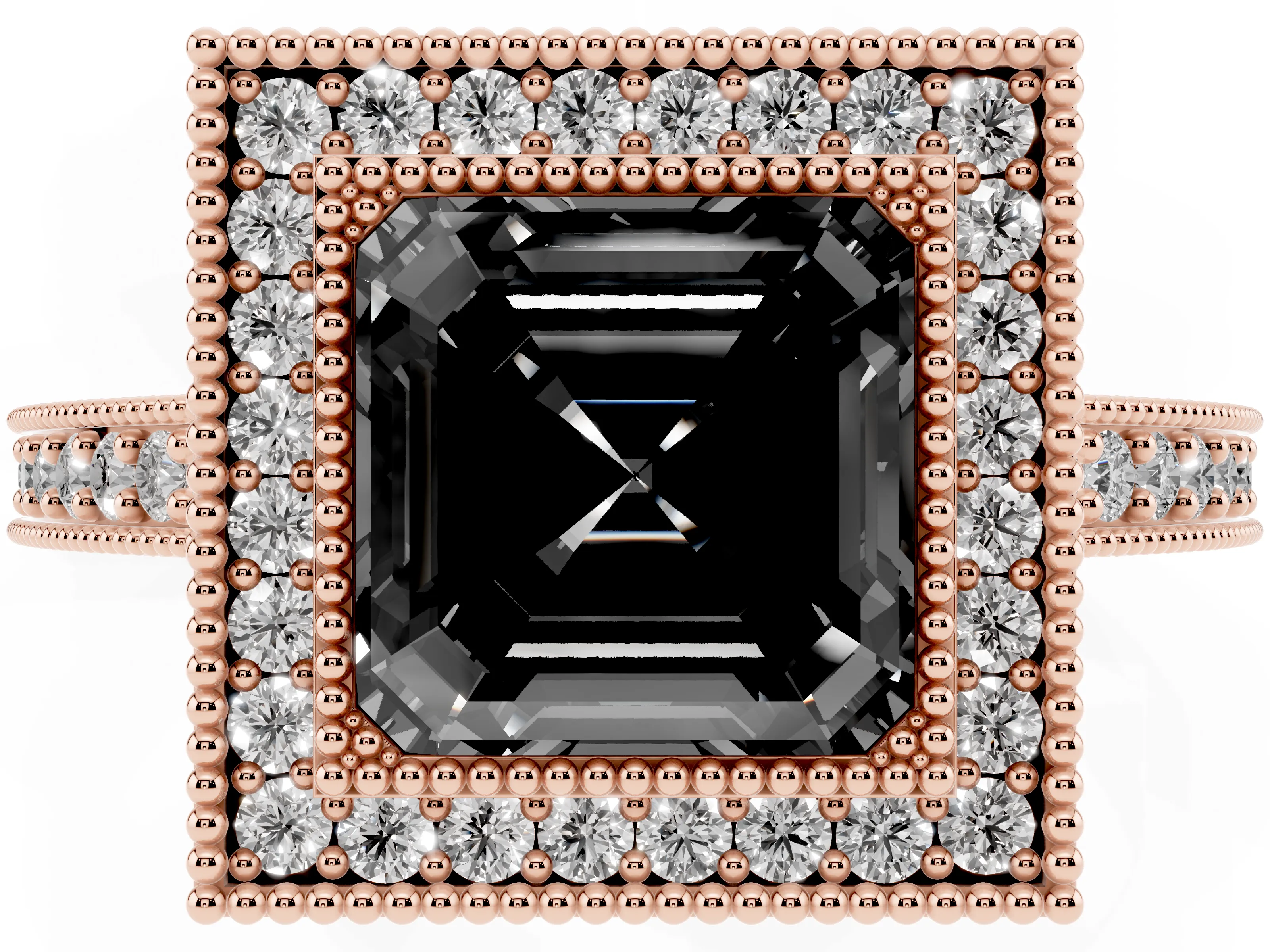 Fancy Black Asscher Cut Diamond Halo Engagement Ring Set in Rose gold with Pavé Band and Round Halo Stones