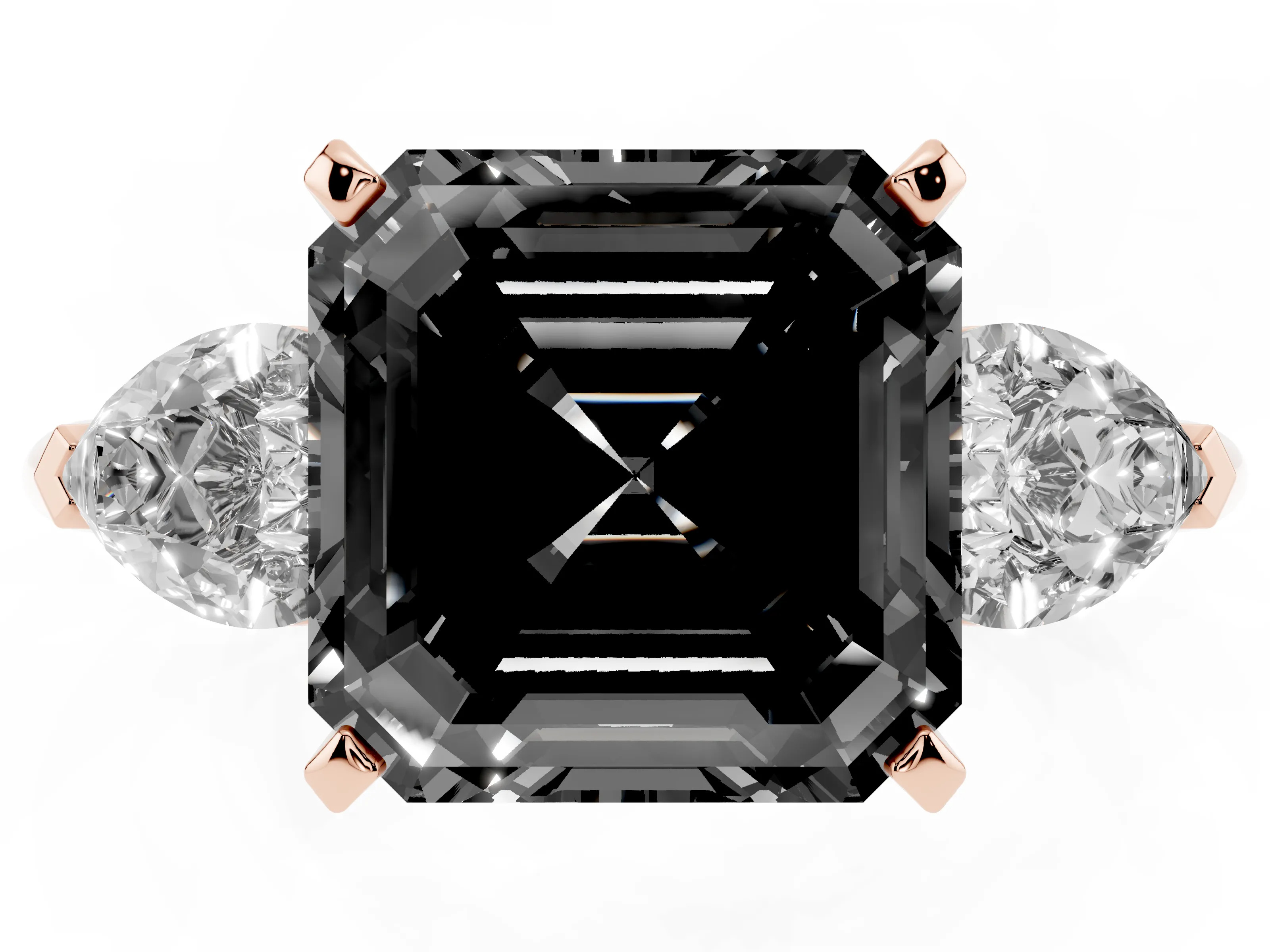 Fancy Black Three-Stone Asscher Cut Diamond Ring Set in Rose gold with Pear Side Stones and Prong Setting