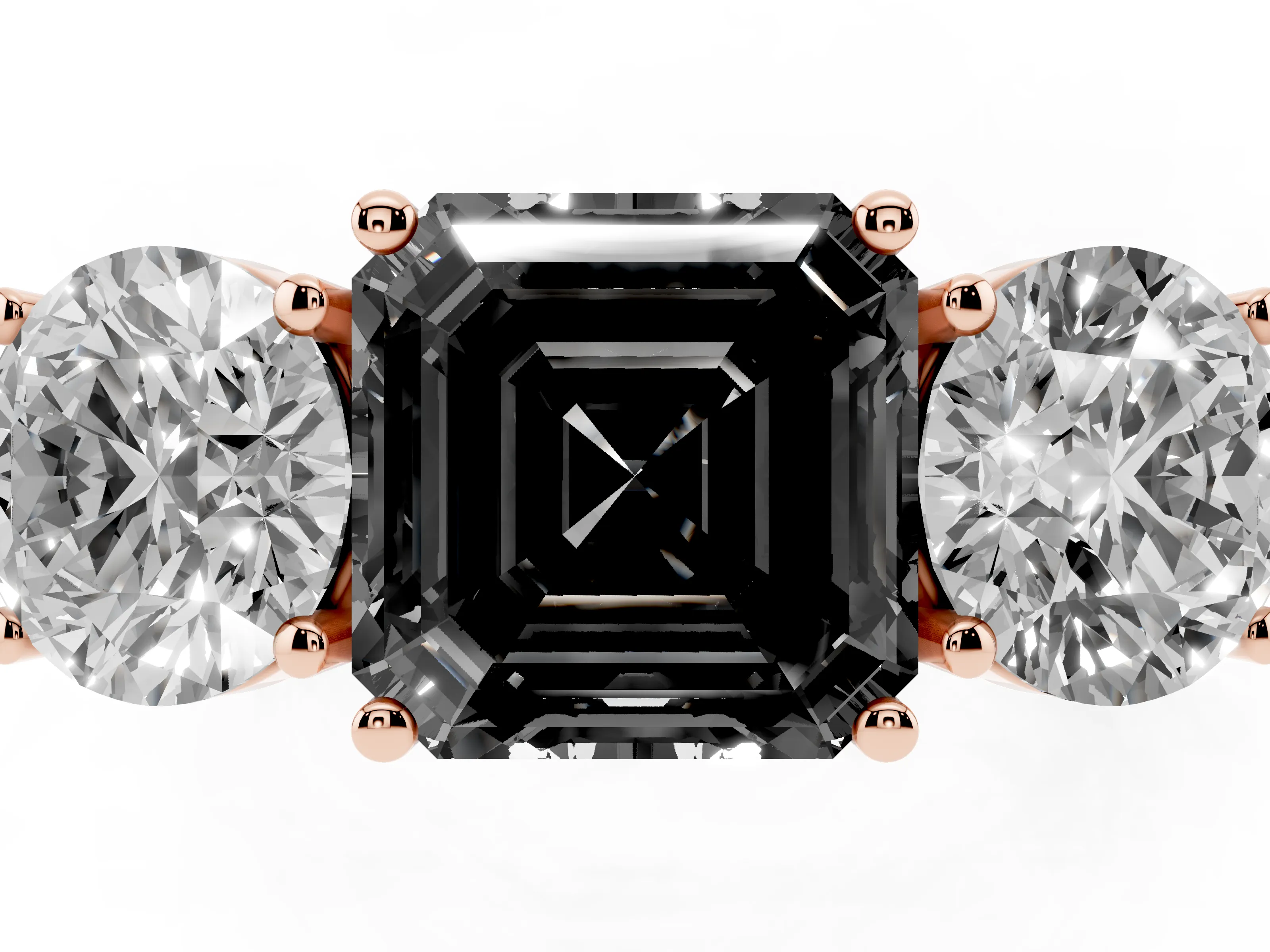 Fancy Black Asscher Cut Diamond Three-Stone Ring Set in Rose gold with Channel-Set Accent Band