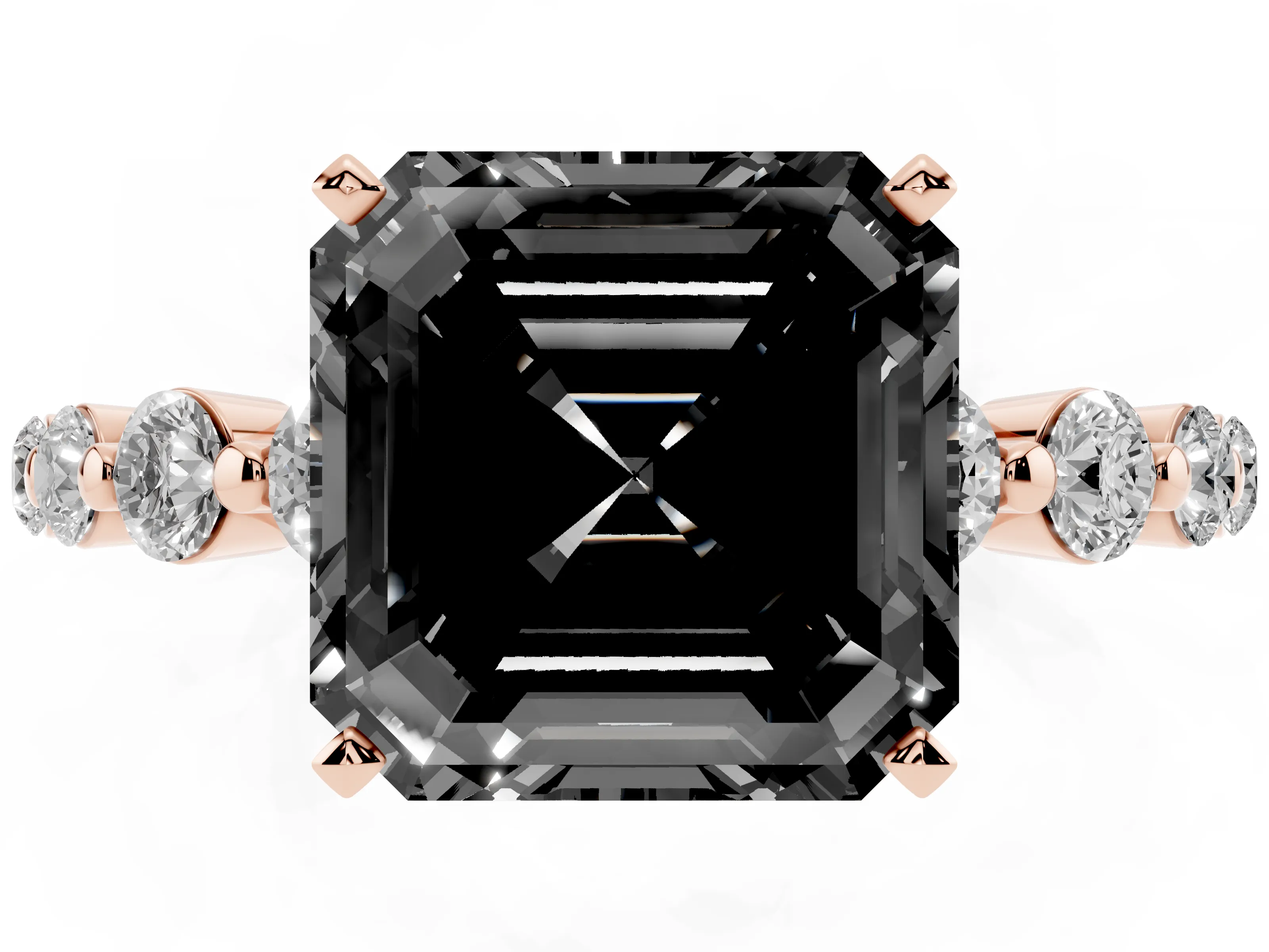 Fancy Black Asscher Cut Diamond Solitaire Ring Set in Rose gold with Pavé Band and Prong Setting