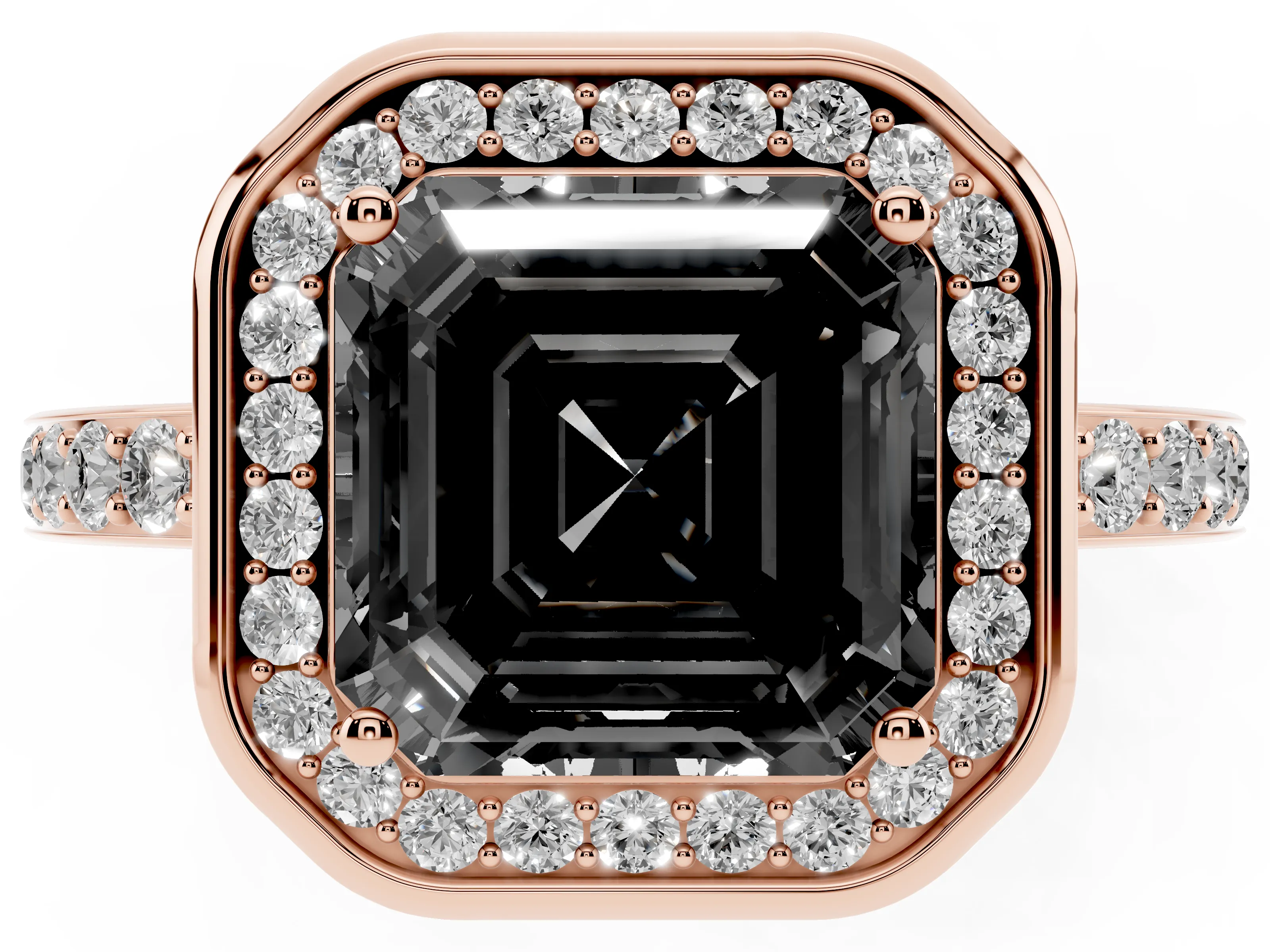 Fancy Black Asscher Cut Diamond Halo Ring Set in Rose gold with Bezel Frame and Pavé Band