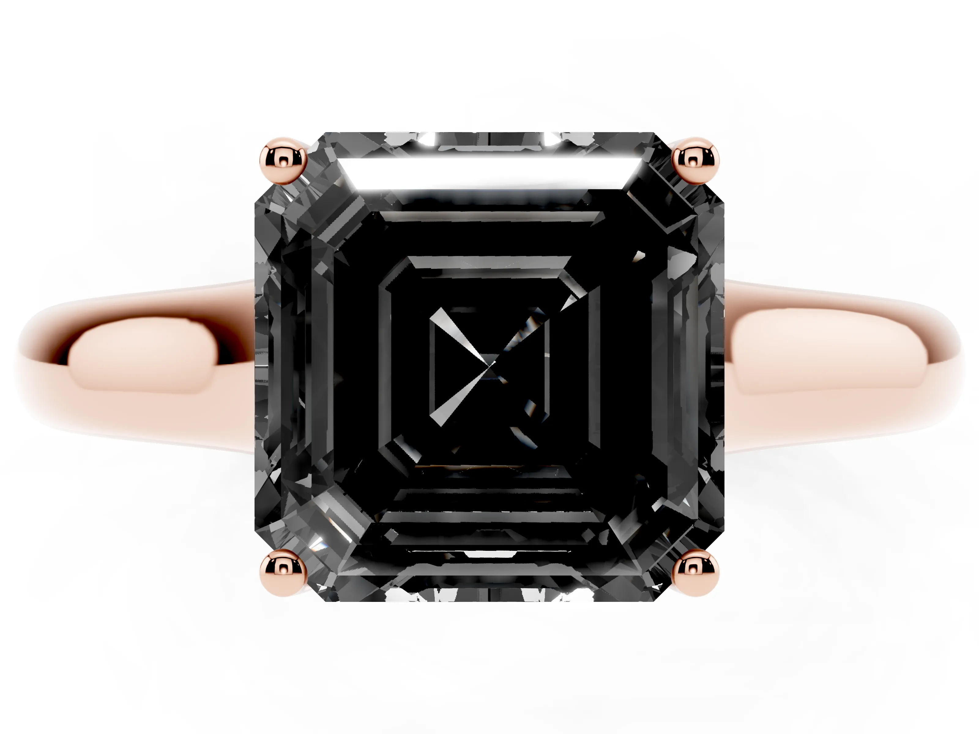 Fancy Black Asscher Cut Diamond Solitaire Engagement Ring Set in Rose gold with Subtly Tapered Band and Prong Setting
