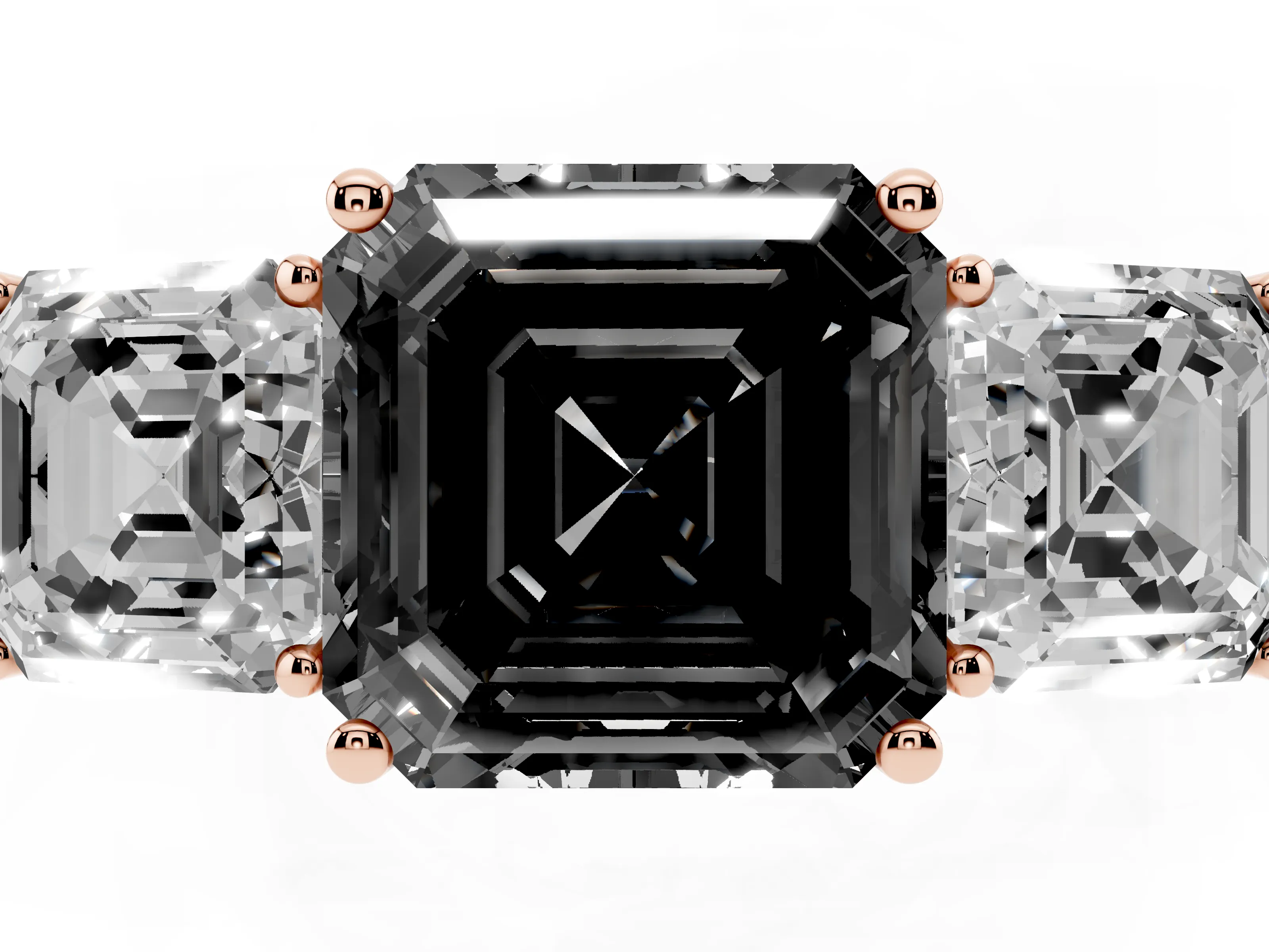 Fancy Black Asscher Cut Diamond Three-Stone Engagement Ring Set in Rose gold with Flat Band
