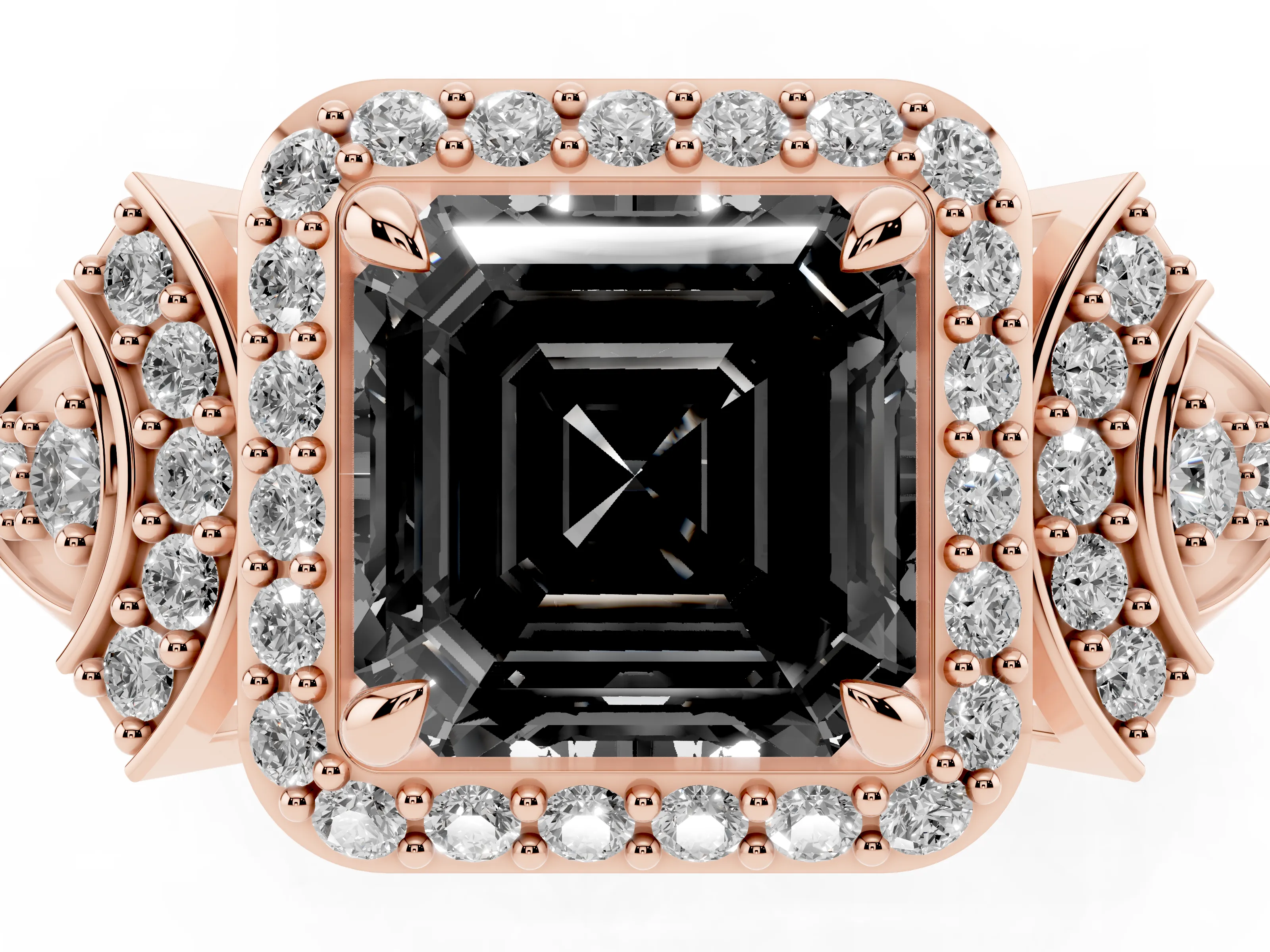 Fancy Black Asscher Cut Diamond Halo Engagement Ring Set in Rose gold with Accent Stone Split Shank