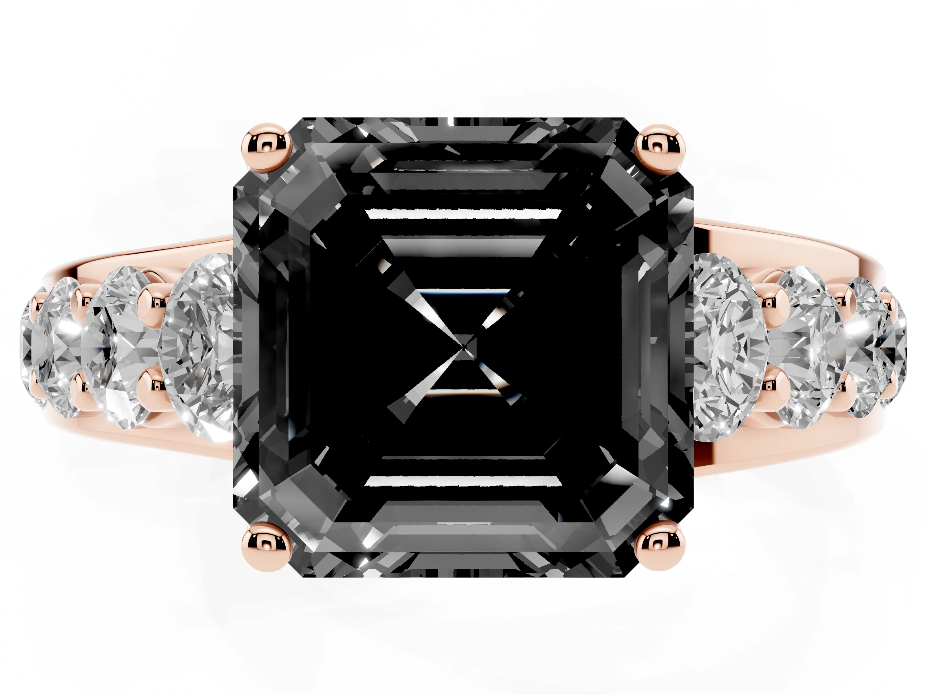 Fancy Black Asscher Cut Diamond Pavé Engagement Ring Set in Rose gold with Prong Setting