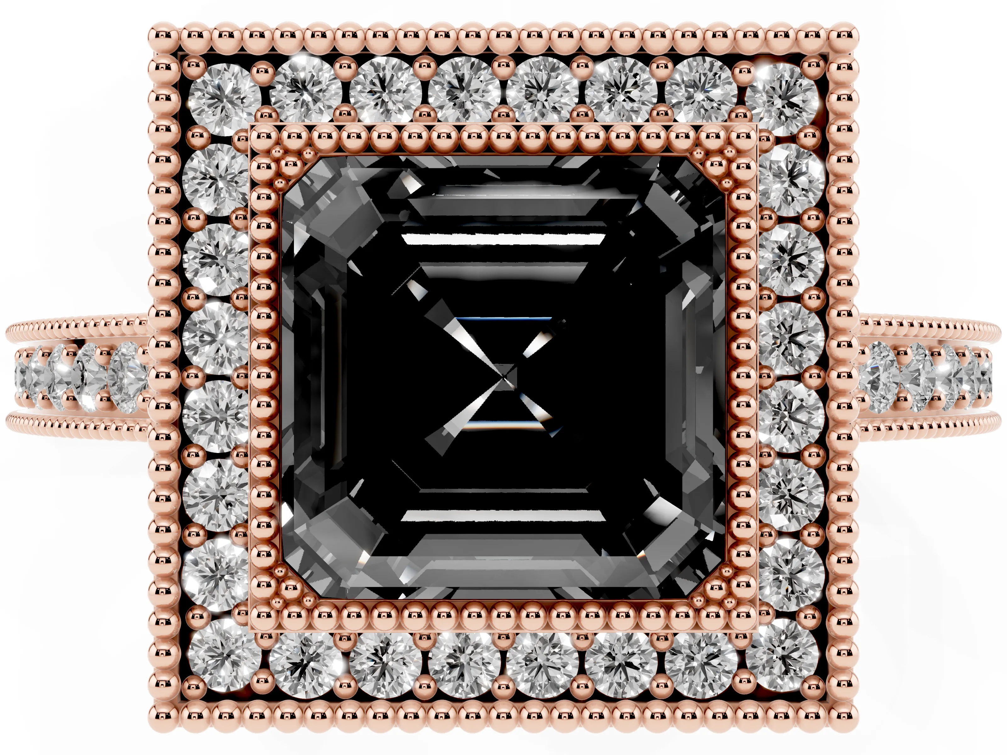 Fancy Black Asscher Cut Diamond Round Halo Ring Set in Rose gold with Pavé Band